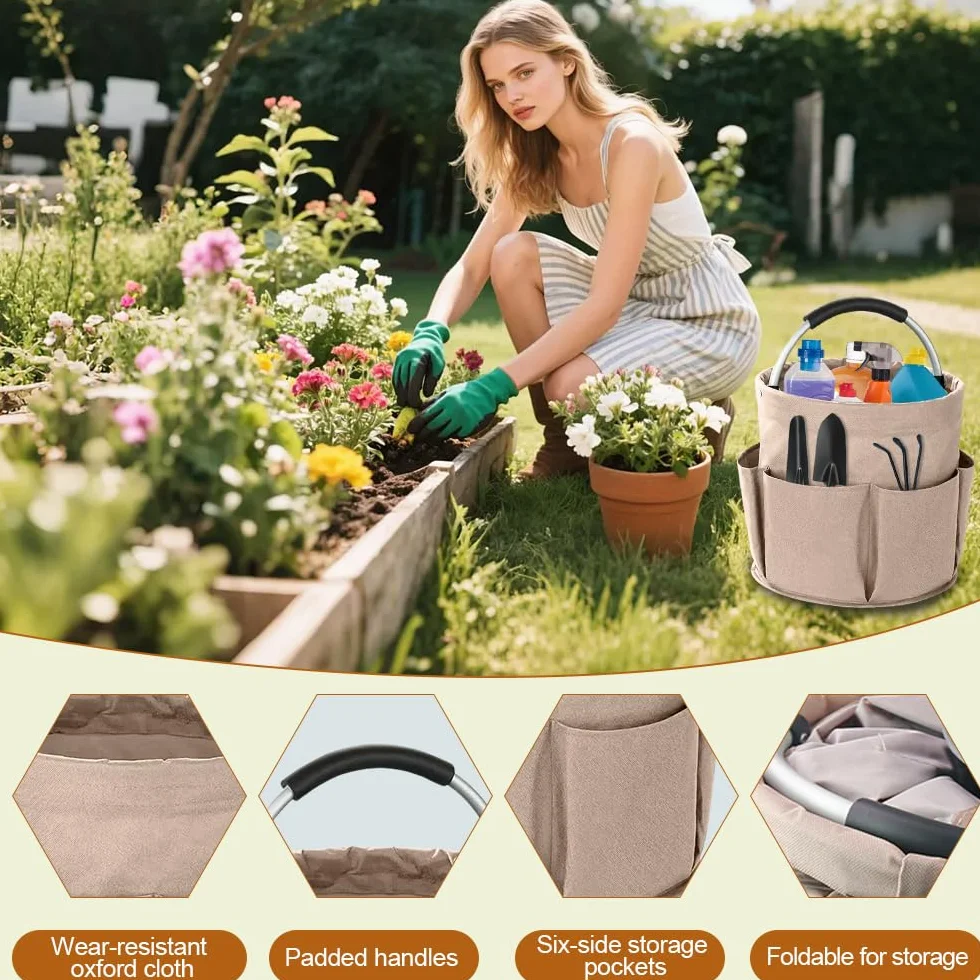 Cesta Organizador Productos Limpieza 17 L,Bolsa de Limpieza Plegable,Cleaning Caddy,Cesta Limpiezas Portátil con Asa Y Bolsillos,Cubo Porta Productos de Limpiezas,Bolsa Herramientas Redonda