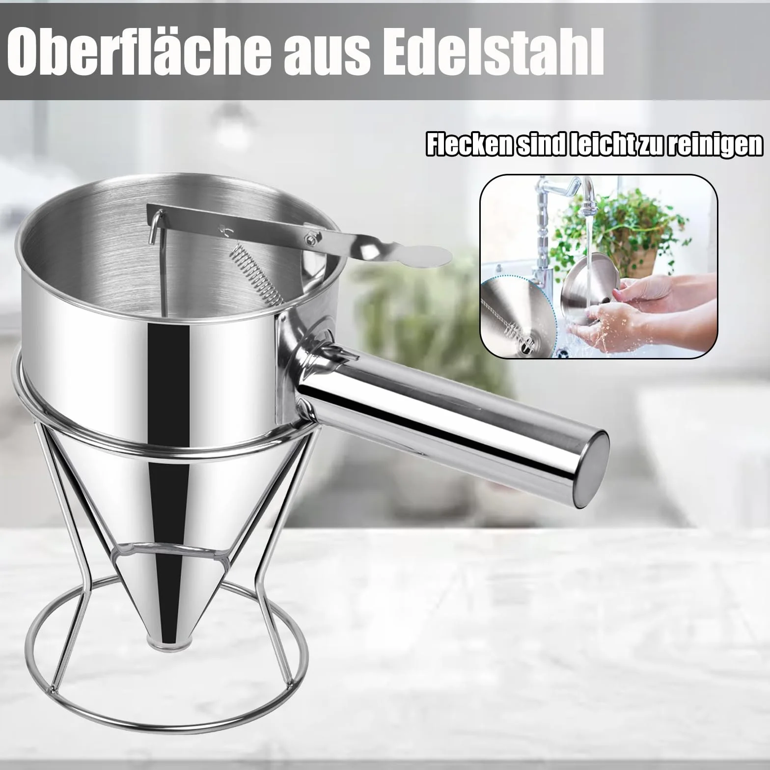 Acero Inoxidable Dispensador de Masa 1200ml, Dosificador de Masa para Panqueques, Dispensador de Masa con Soporte, Soporte y 4 Boquillas Diferentes para Panqueques