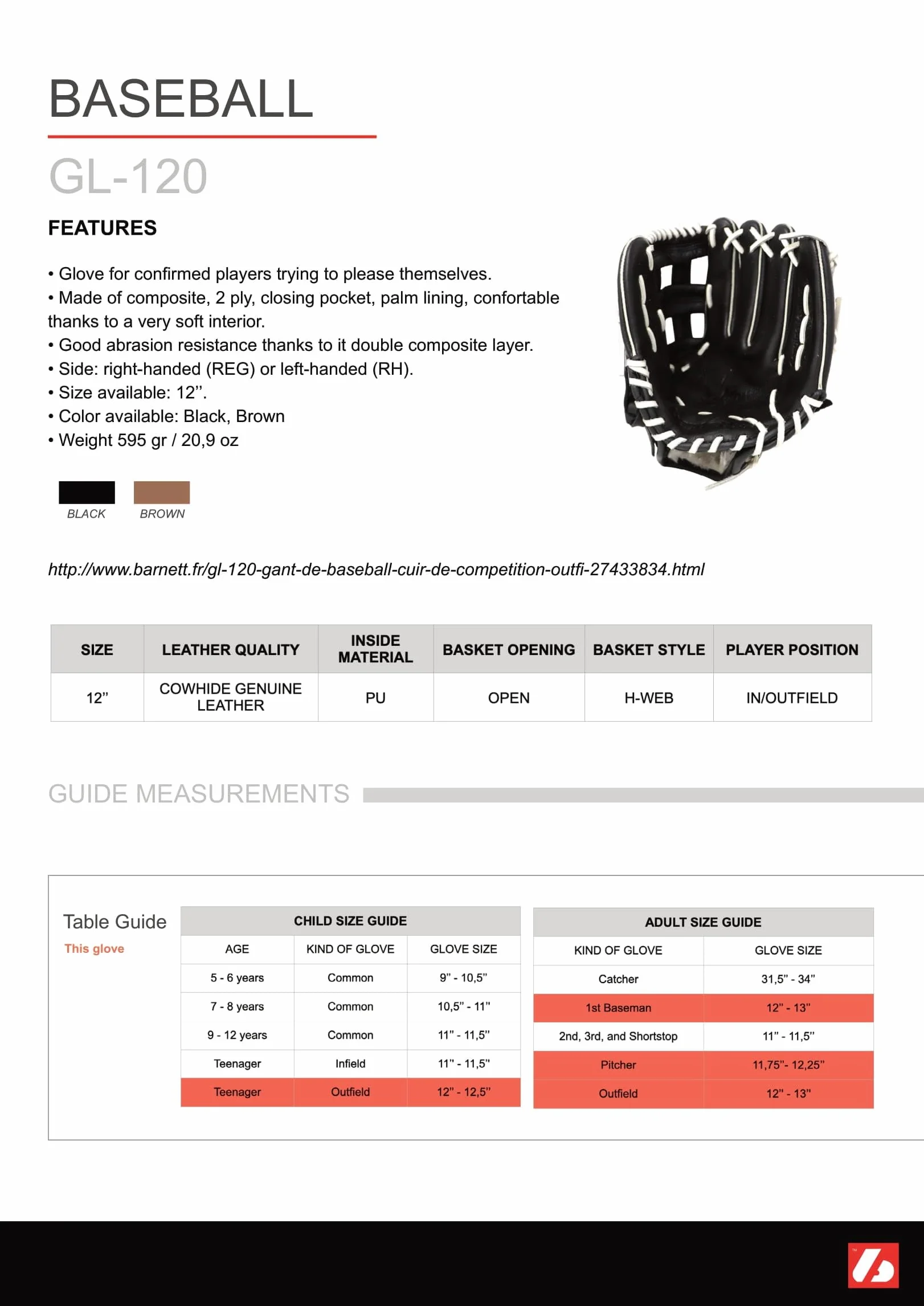 Barnett GL-120 Guante de béisbol Outfield 12 pulgadas piel auténtica marrón