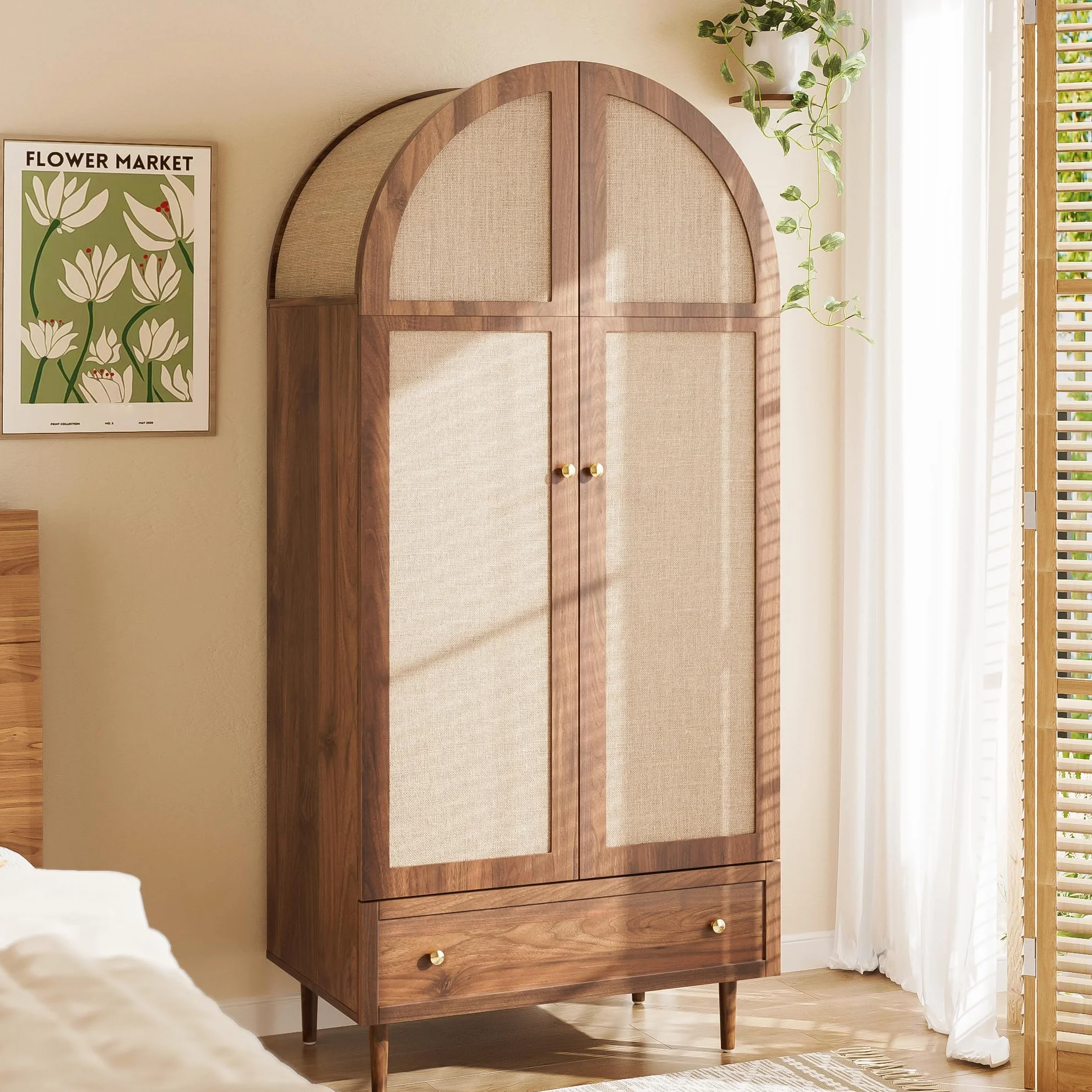 Elegante armario con puertas de tela y cajón, patas de madera sólidas, práctico espacio de almacenamiento para ropa y accesorios, ideal para dormitorio, habitación de invitados o vestidor