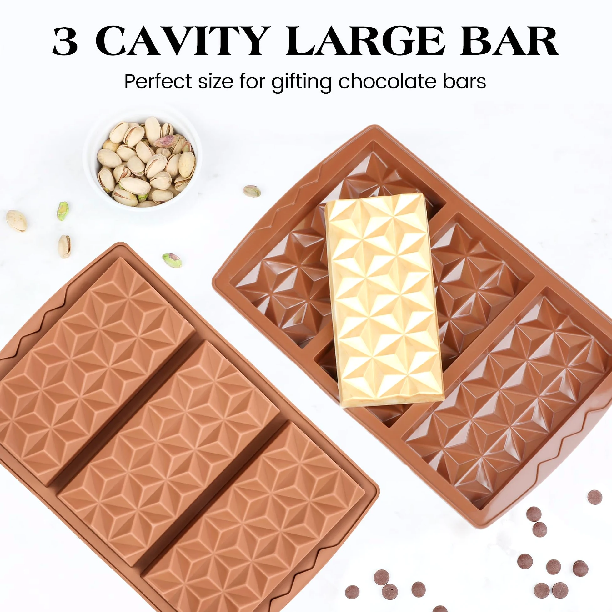 2 moldes de silicona de relleno grande para barra de chocolate de Dubái, para rellenar Knafeh Pistacho, barra de chocolate, moldes gruesos para caramelos, se rompen (forma de pirámide)