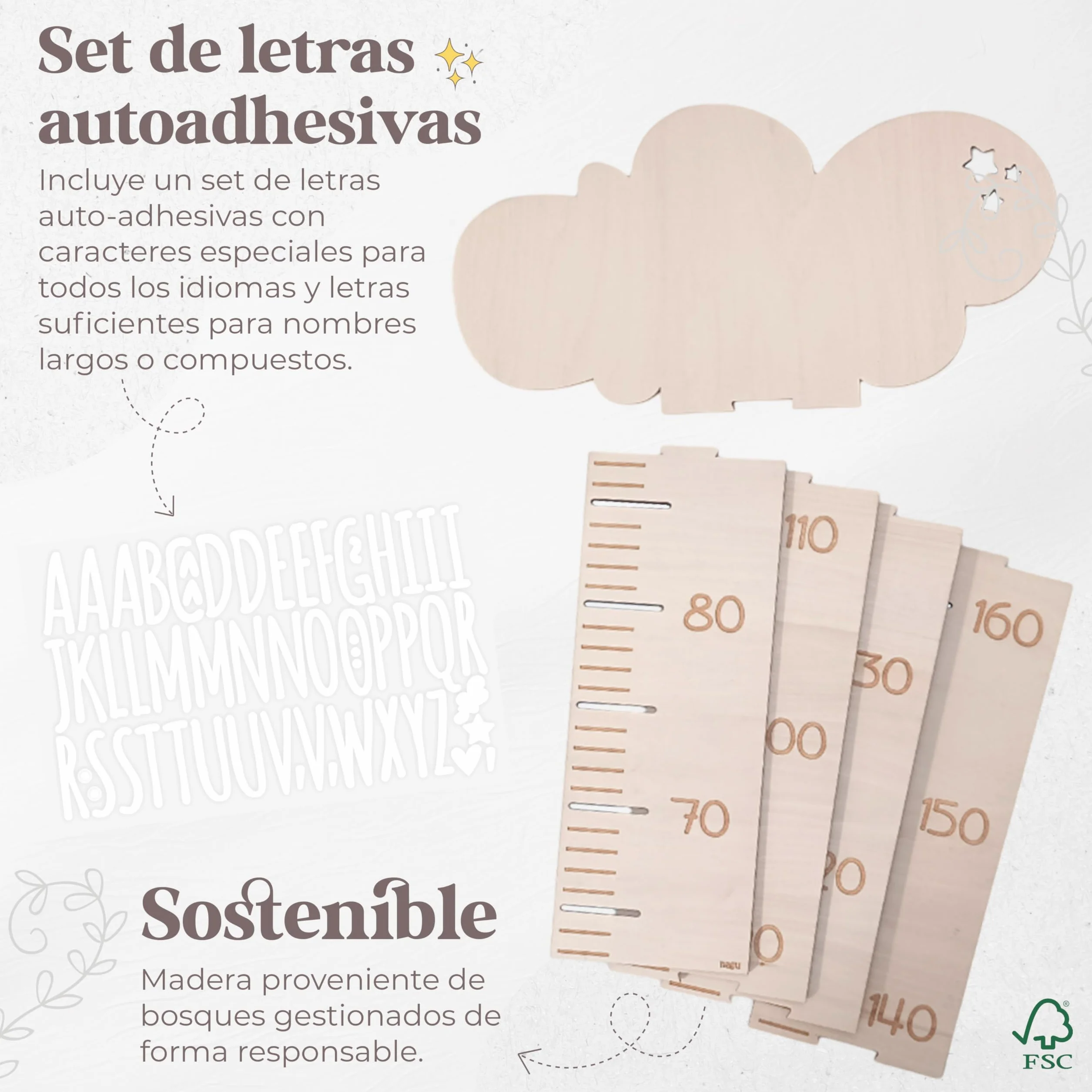 nagu® Medidor Niños Pared Madera Personalizado, Diseño Nube, Regla Altura 63-162 cm, Regalo Infantil