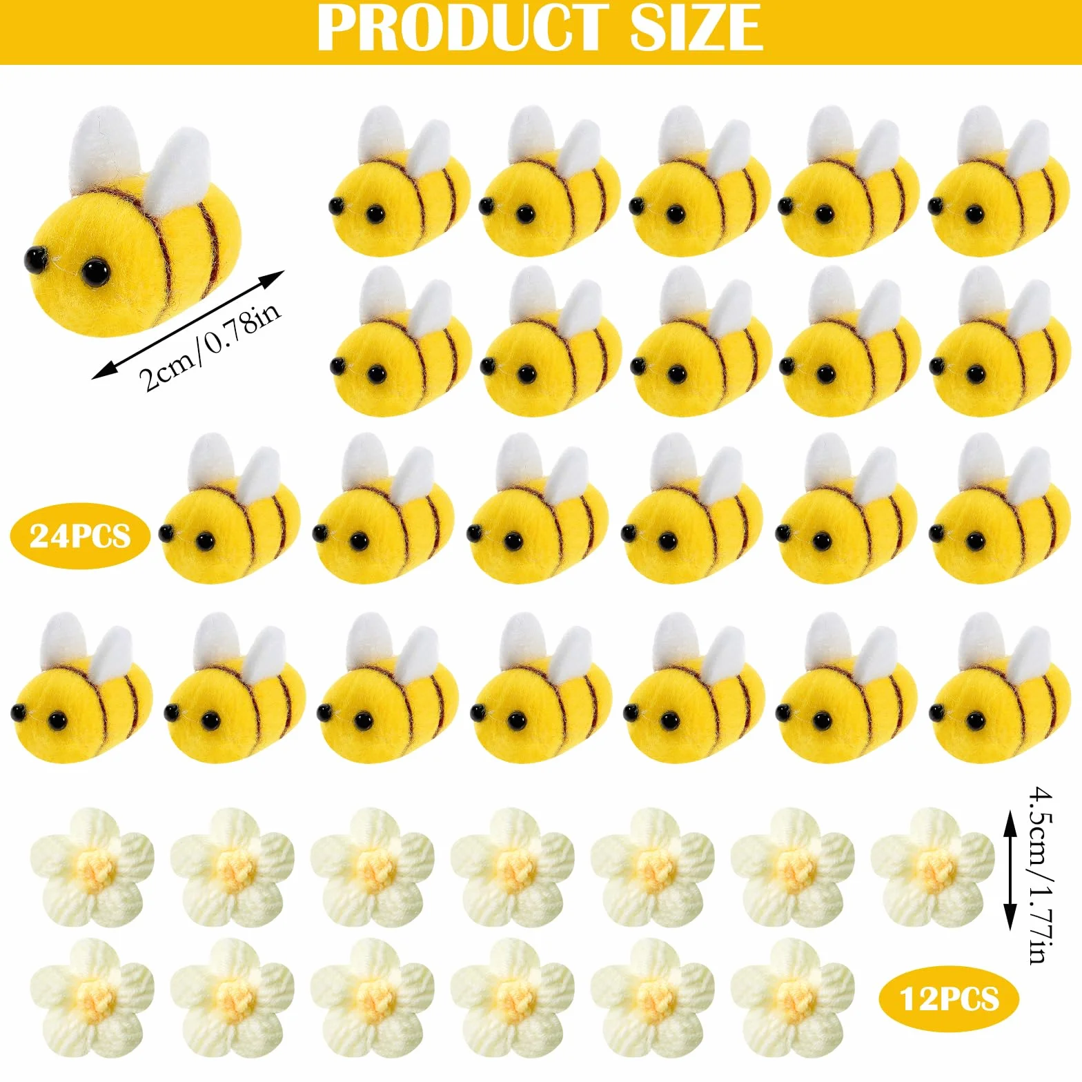 APOMOONS 24 abejas decorativas y 12 flores blancas de ganchillo, abejas de fieltro, pequeñas abejas, decoración de fieltro, miniabeja, mariquita, decoración para manualidades, tienda, ropa,