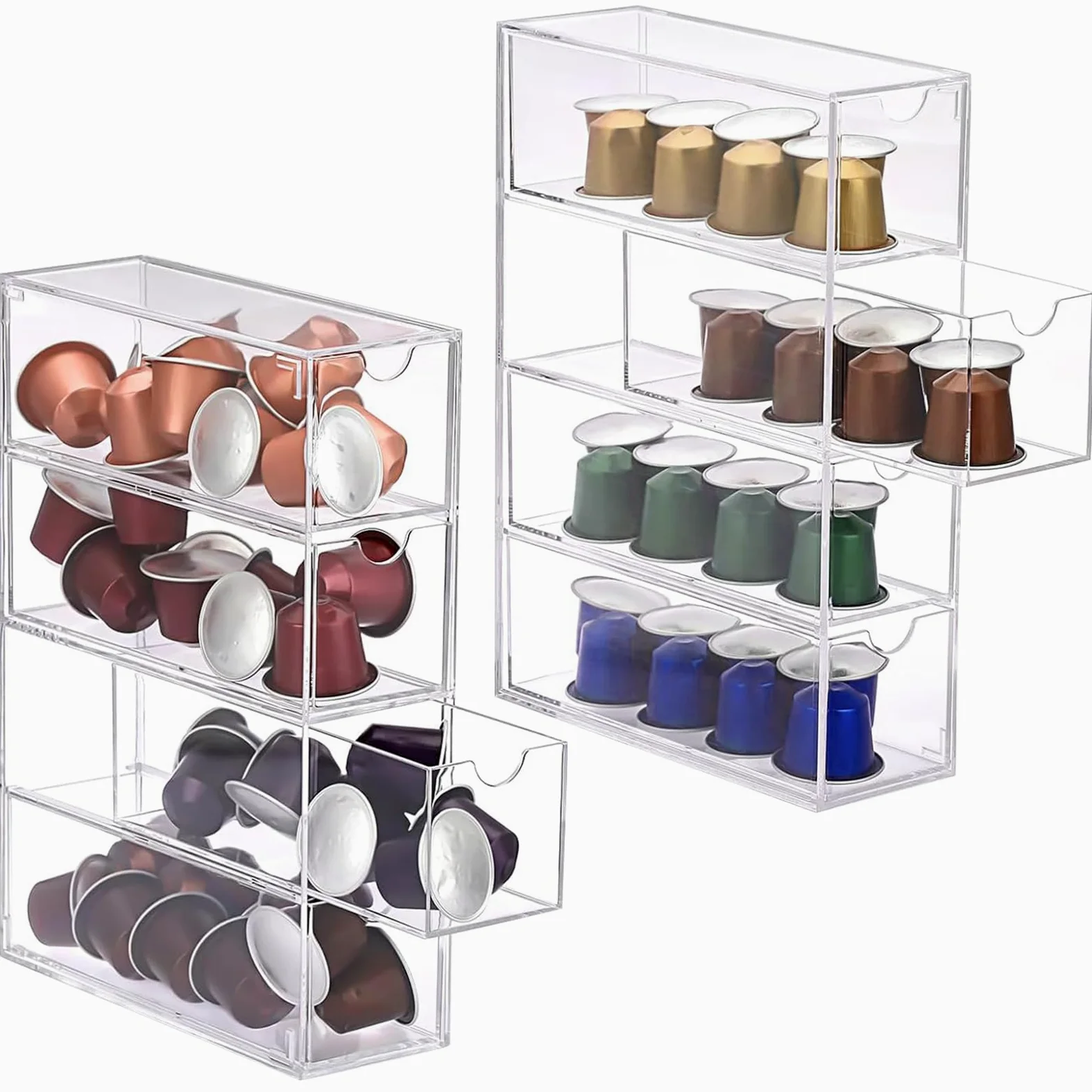 Juego de 2 cápsulas de café, soporte transparente para cápsulas de café, almacenamiento acrílico con 4 cajones, cápsulas de café de cocina y soporte para paquetes de azúcar con tapa, pequeño cajón