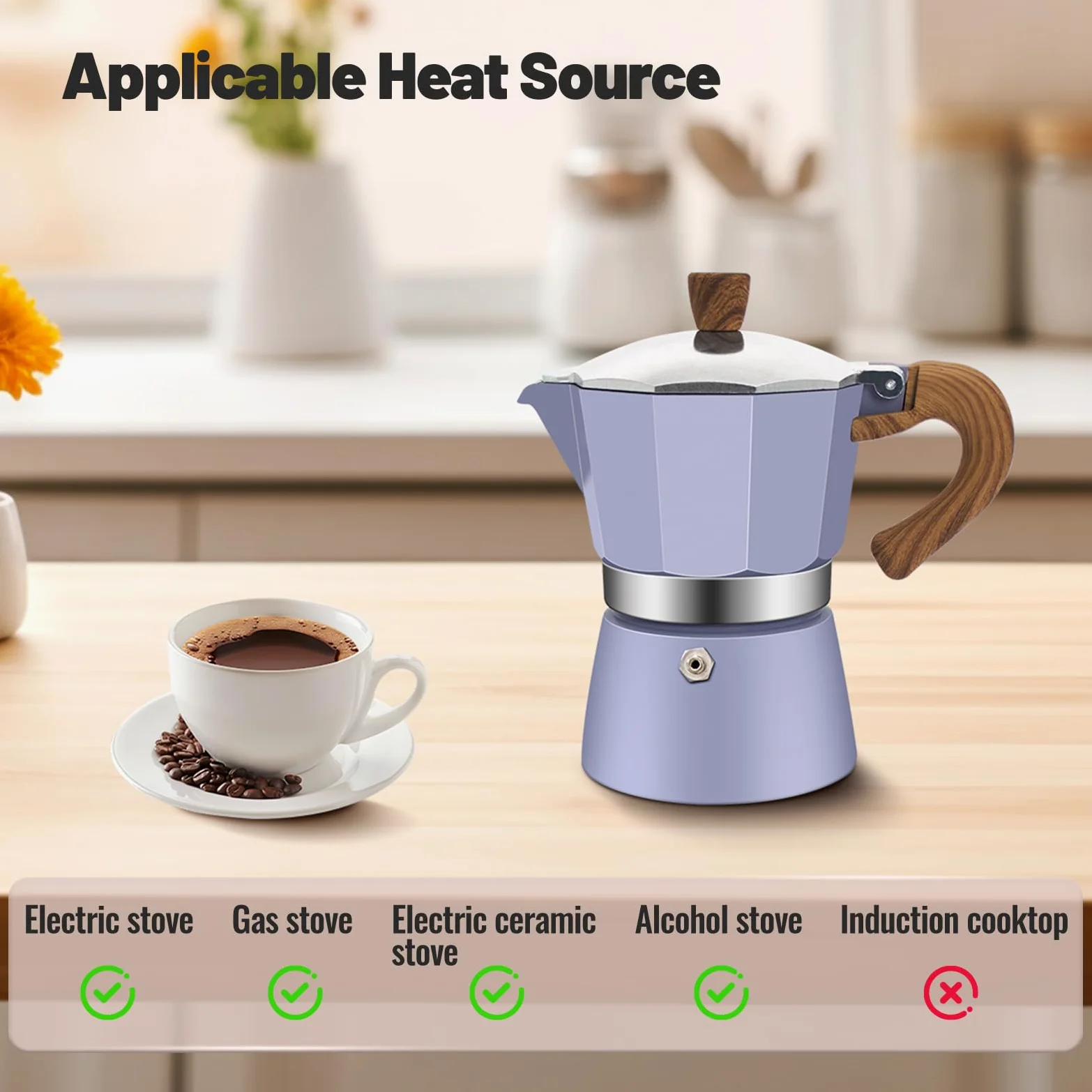 Cafetera moca clásica de aluminio para 3 tazas, 150 ml, cafetera, percoladora, cafetera Mocha Express, cafeteras preferidas para café italiano y cubano, color morado