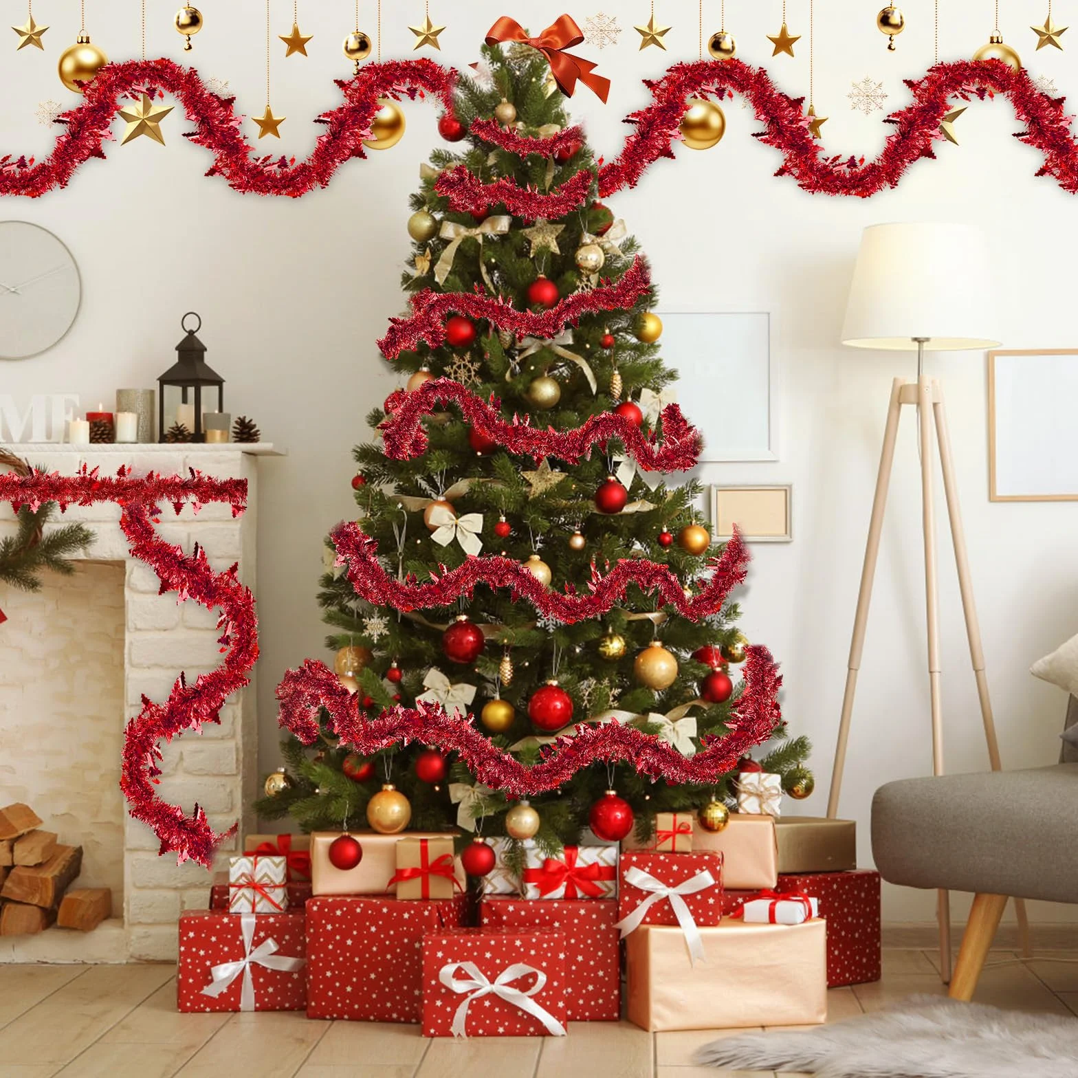 8 Piezas Guirnalda de Oropel Navidad, 16M Espumillón Metálica Brillante, Rojo Decoracion Arbol de Navidad Adornos, Rojo Brillante Espumillón para Árbol de Escaleras Chimenea