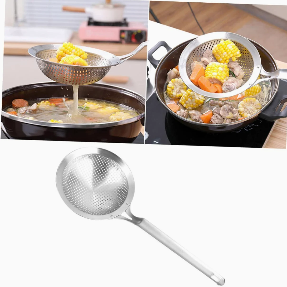 Juego de 2 coladores de cocina de acero inoxidable - Juego de colador de comida de cocina asiática y cesta para cocinar al vapor con colador de cuchara - Filtro de metal duradero para cocinar y freír
