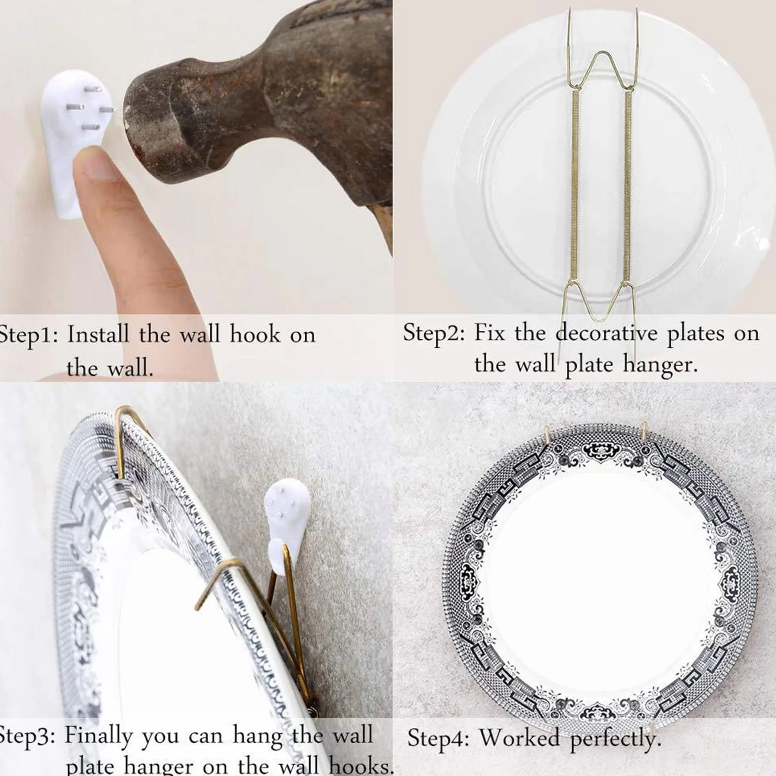 Genérico Hangers invisibles de latón: soportes de metal ajustables para platos decorativos, ganchos pequeños para azulejos, soportes de pared delgada para exposición elegante | Curvarse por