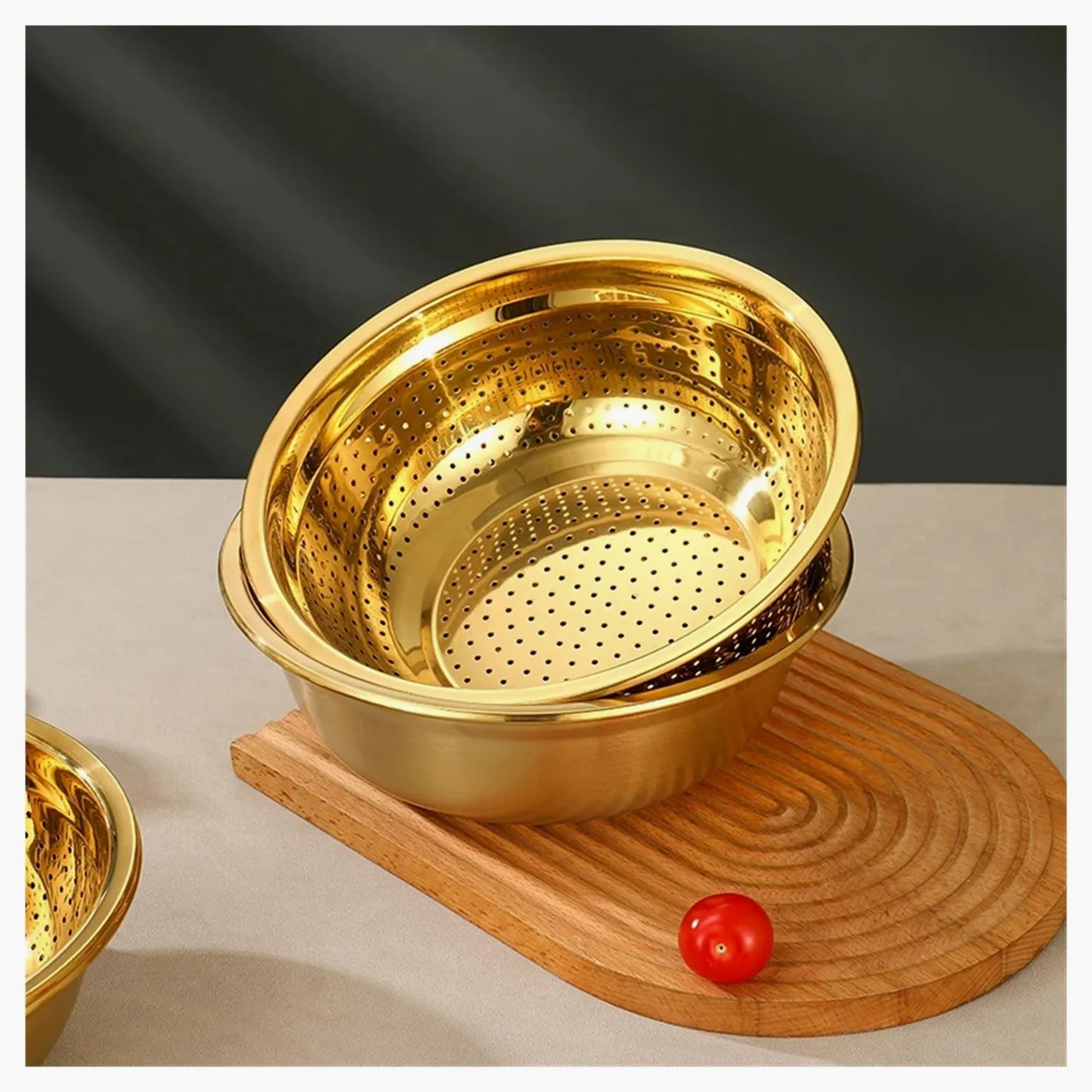 Juego de 2 coladores arroz acero inoxidable dorados, multifuncionales, for mezclar harina y huevos, for sopa frutas cocina(22cm)