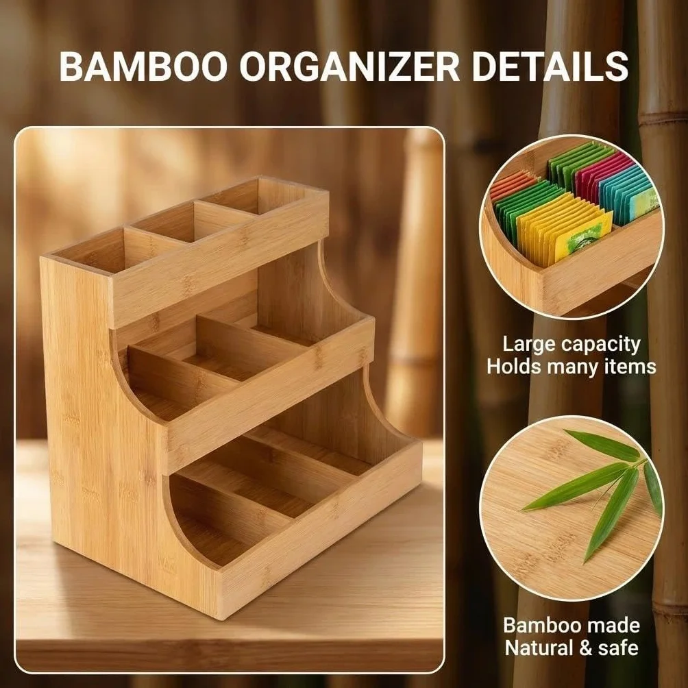 Bolsa de té, Organizador de té, Caja de té de Madera con 9 Compartimentos de Almacenamiento, cápsulas de café y Paquetes de azúcar, Organizador de Bolsas de té para el hogar, Cocina, Oficina y