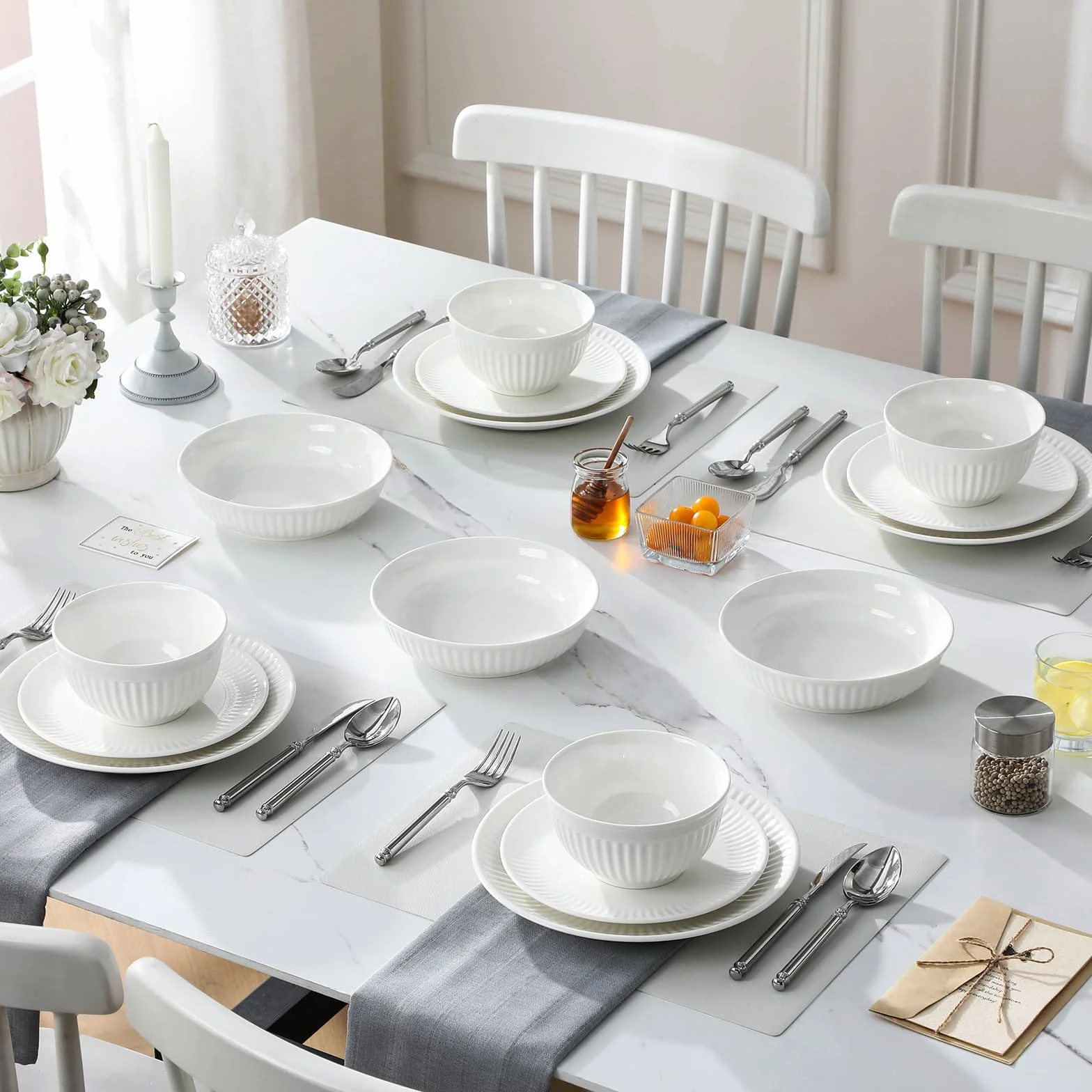 MALACASA Vajillas Completas 6 Personas de Porcelana, 24 Piezas Juego de Vajilla Modernas con Relieve Ondulado, Blanco - Serie LEILA