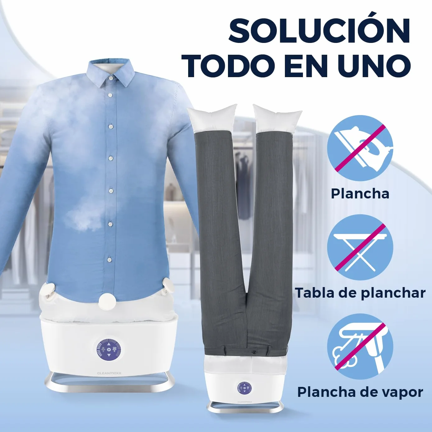 CLEANmaxx Plancha automática de camisas PRO STEAM + accesorio para pantalones | Función vapor, pantalla táctil | Plancha para camisas y blusas | Reduce olores, desinfecta, alisa, refresca