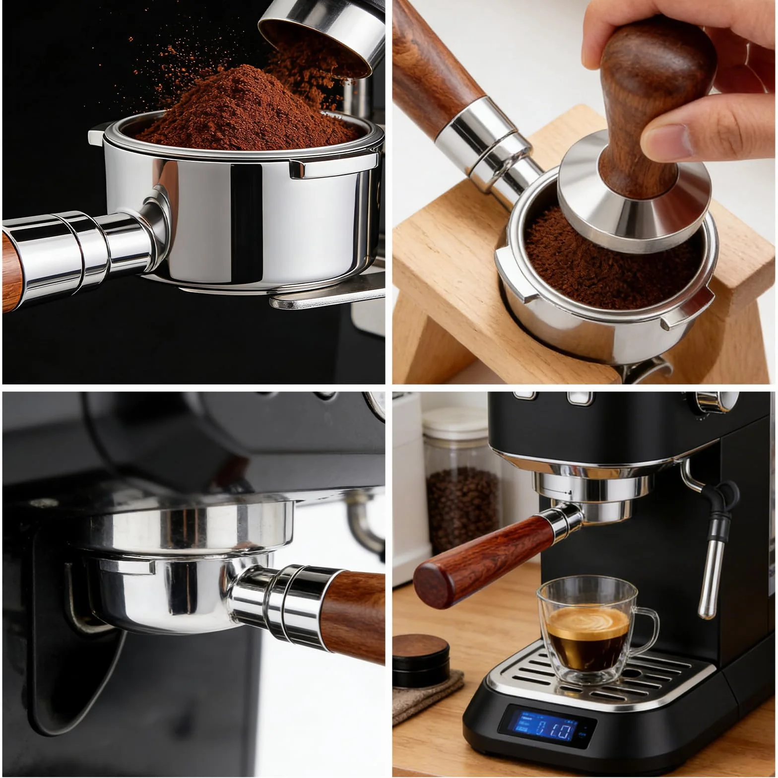 Portafiltro sin Fondo de 51 mm con 3 Orejas, Compatible con DeLonghi Dedica EC680/EC685/EC885, Portafiltros Cafe 51mm con Mango de Madera de Nogal y 2 Cestas de Filtro de Acero Inoxidable