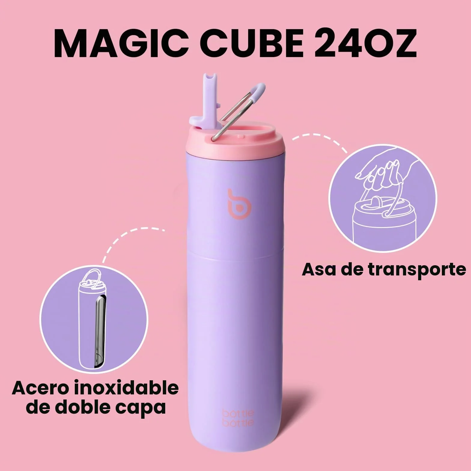 Botella de agua aislada de acero inoxidable 700 ml con popote, tapa y asa - para deportes, viajes, gimnasio (lila)