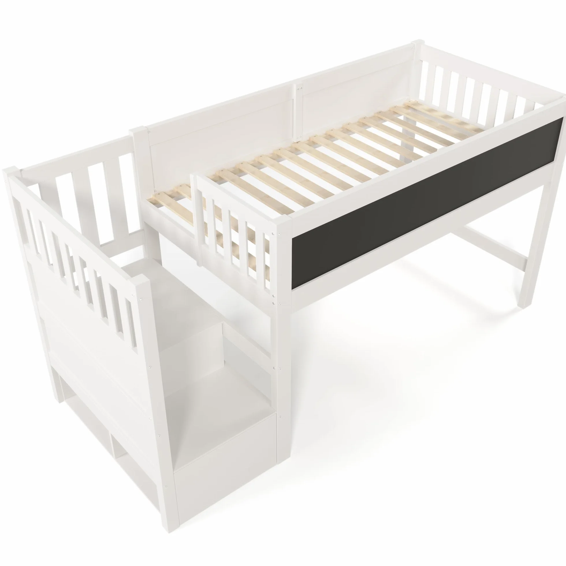 LAKFEW Cama Infantil Cama Alta 90x200 cm con Escalera de Almacenamiento y Pizarra, Camas Infantiles con Protección Anticaída, Cama para Niños, Camas Altas de Madera, Blanco, Sin Colchon