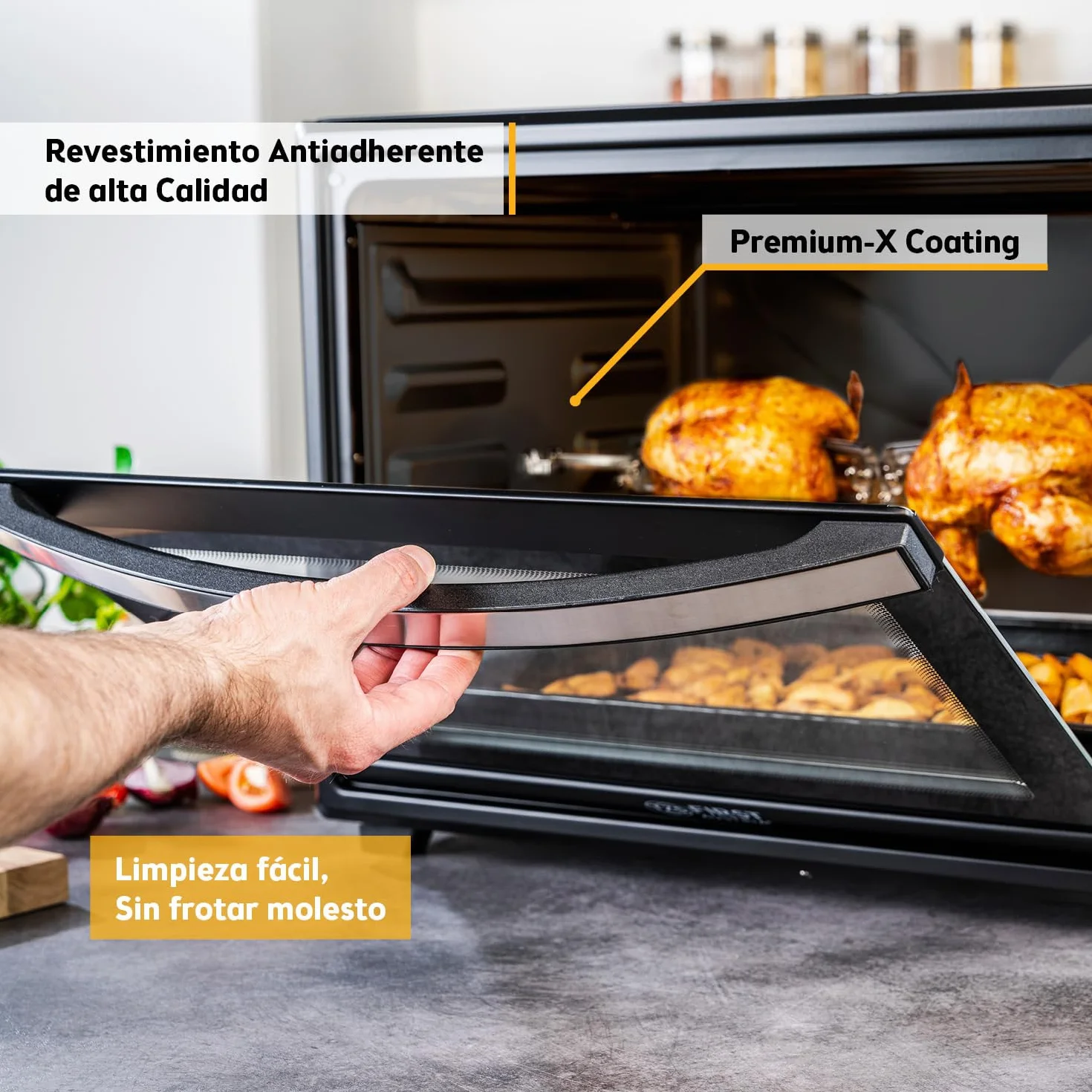 TZS First Austria - Mini Horno 60L 2000W - Minihorno espacioso para pizza con temperatura hasta 230°C y 6 modos - Con temporizador 60 min, 4 alturas de inserción, bandeja, rejilla y asador giratorio