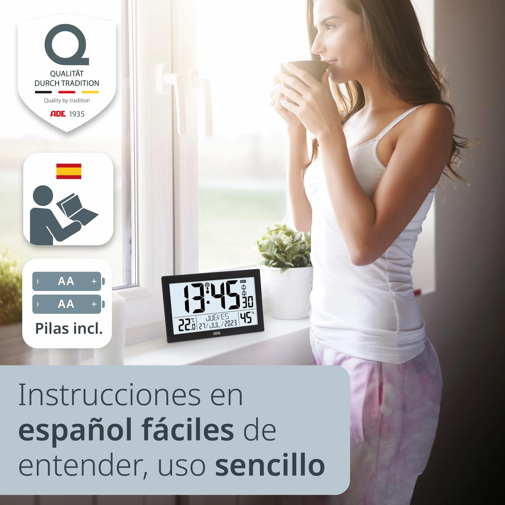 ADE Reloj meteorológico | Reloj Digital de Pared Grande | Despertador Inteligente con Temperatura y Humedad | Cocina, Salon, Dormitorio | radiocontrolado | con luz | para Mayores | con Pilas | Negro