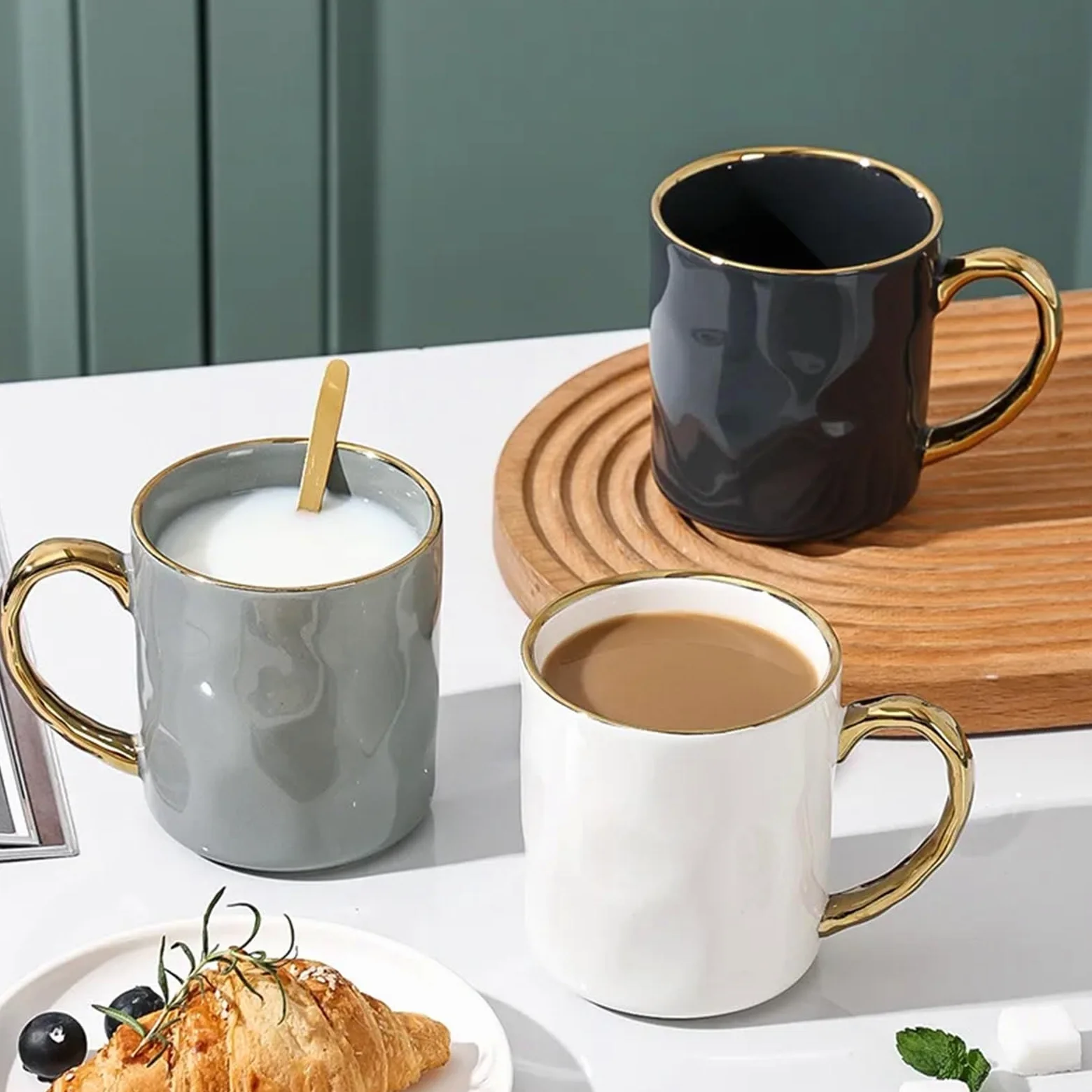 Taza con borde dorado y asa, tazas de café de cerámica, taza de té, leche, jugo, agua, regalo for pareja en casa, 2 uds. Para Boda(Light-grey)