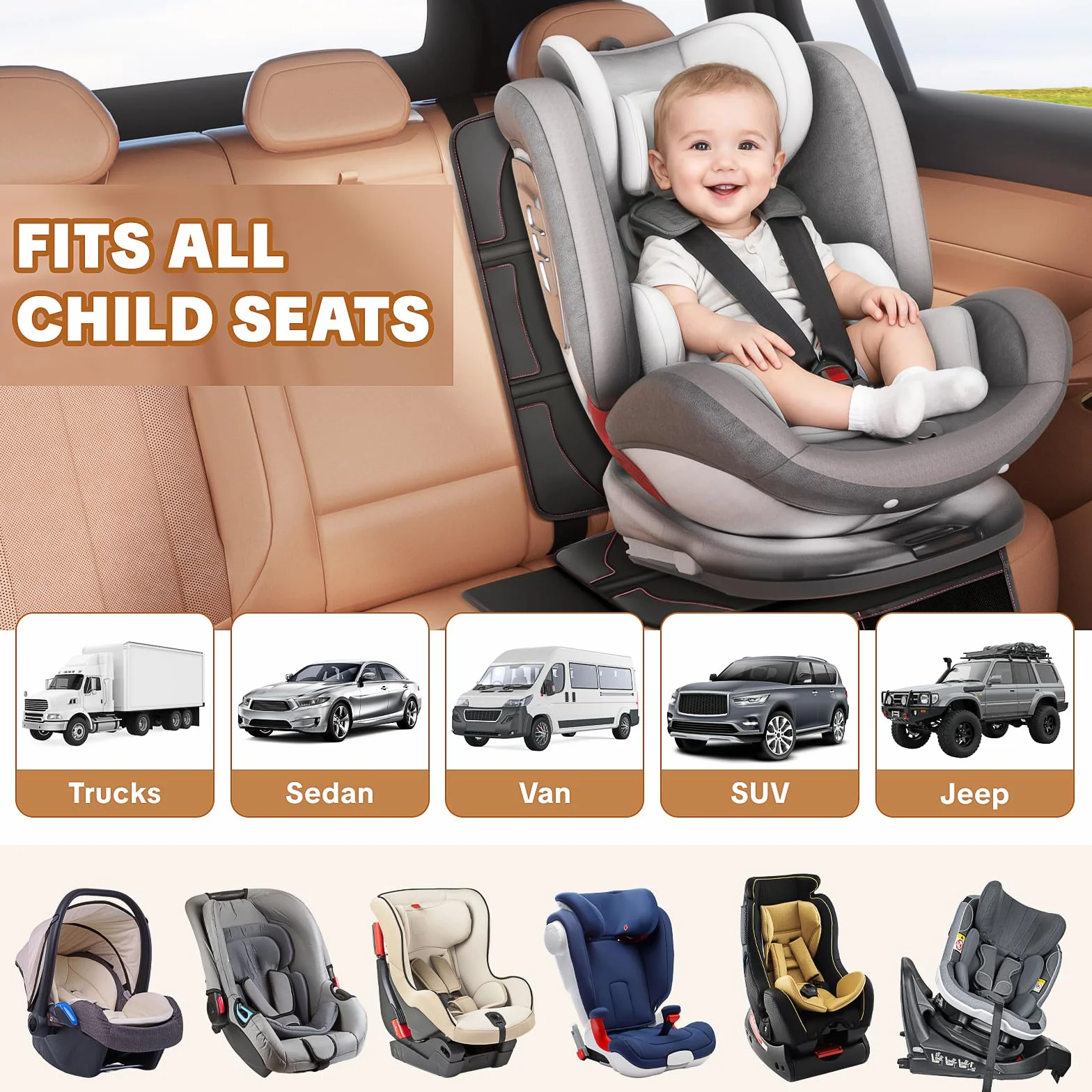 Protector de Asiento para Coche Impermeable Antideslizante con Bolsillos Negro