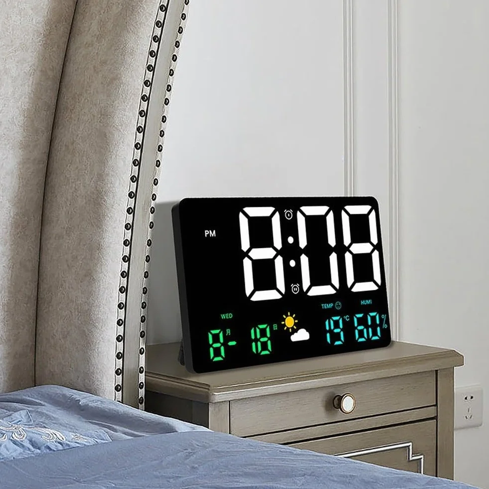 Reloj de pared digital LED grande con estación meteorológica, monitor de temperatura y humedad, visualización de calendario, ajuste automático de brillo, escritorio o soporte de pared para