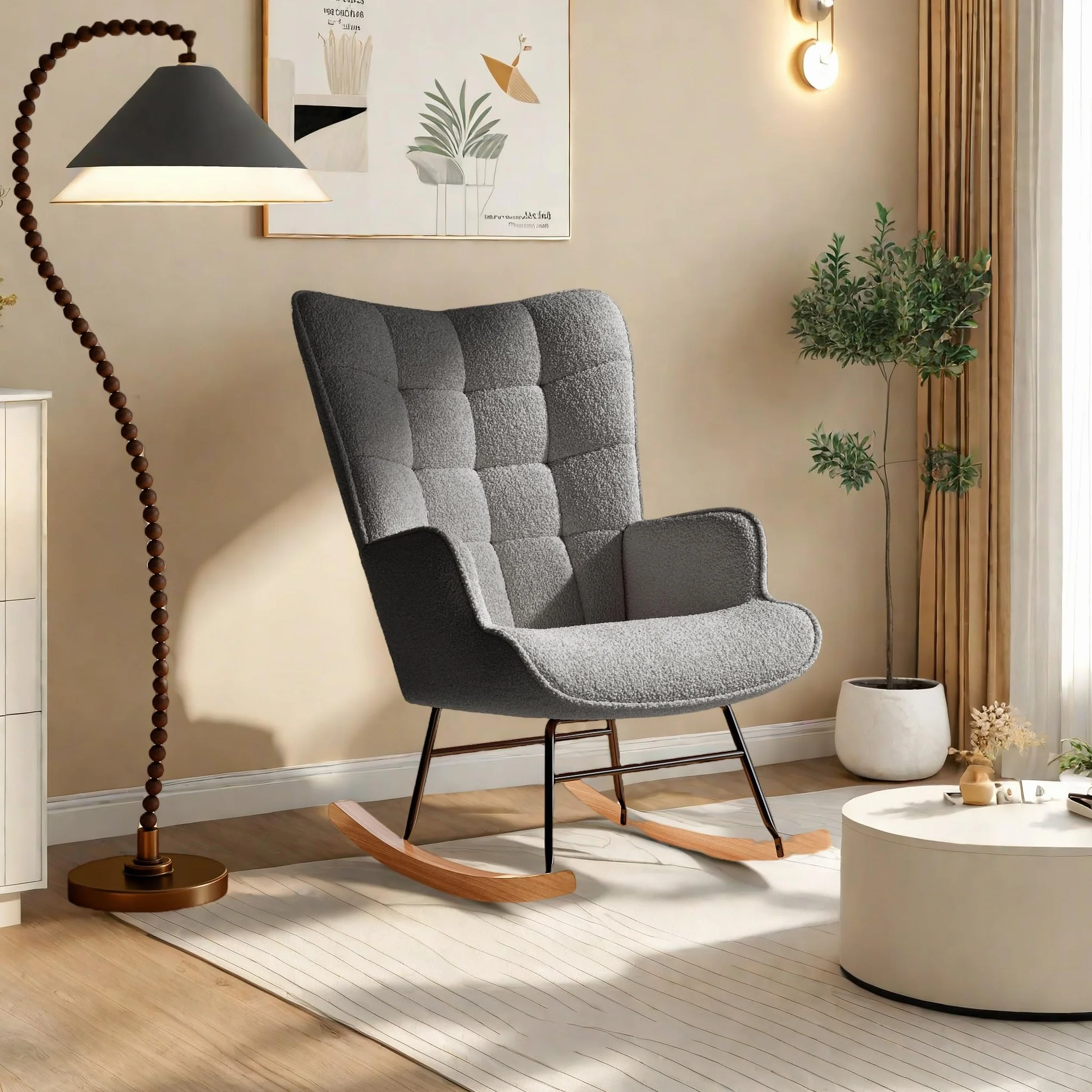 Sillón de lactancia con respaldo alto, mecedora de tela Teddy, gris oscuro