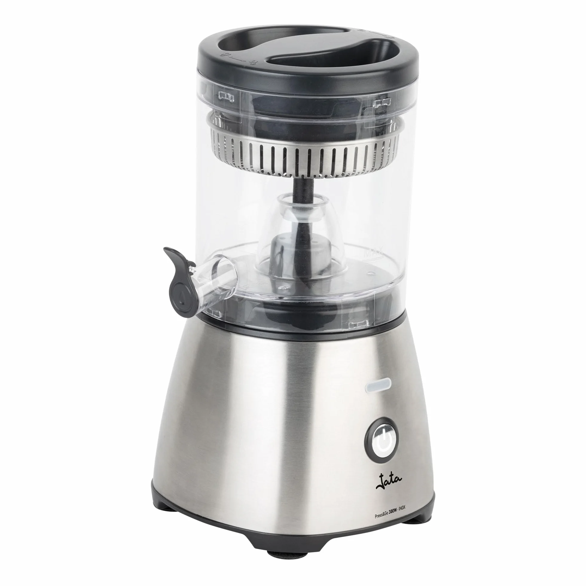 JATA JEEX1616 - Exprimidor de Naranjas Eléctrico Automático 300 W | Cuerpo y filtro de acero inoxidable | Sistema antigoteo | Apto para todo tipo de frutas | Piezas desmontables. Base Antideslizante