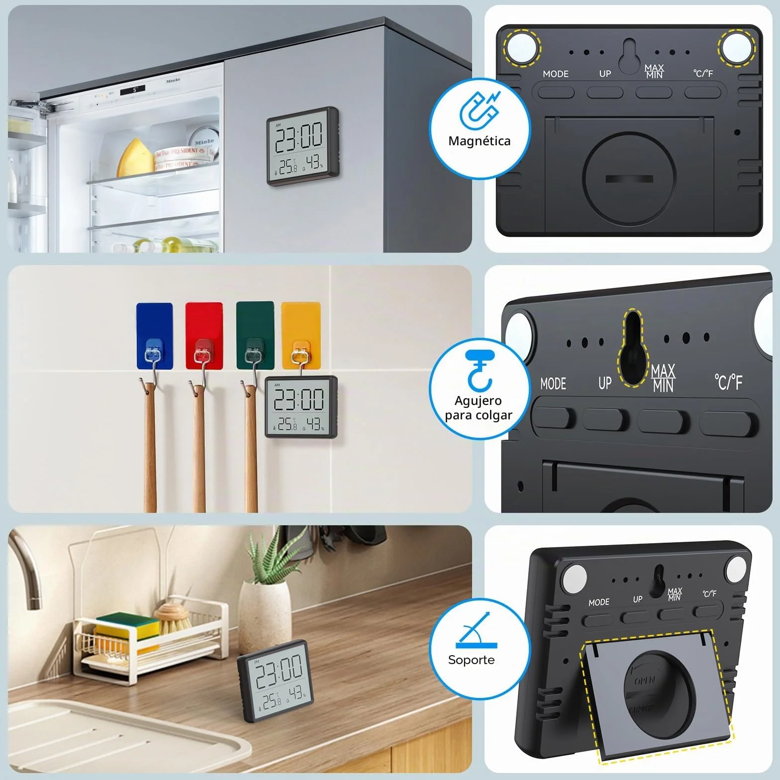 Termómetro Higrómetro Digital, LCD Pequeño Reloj Despertador con Temperatura Humedad Multifuncional 12/24 Horas ℃/℉ para Hogar Estudiantes Oficina