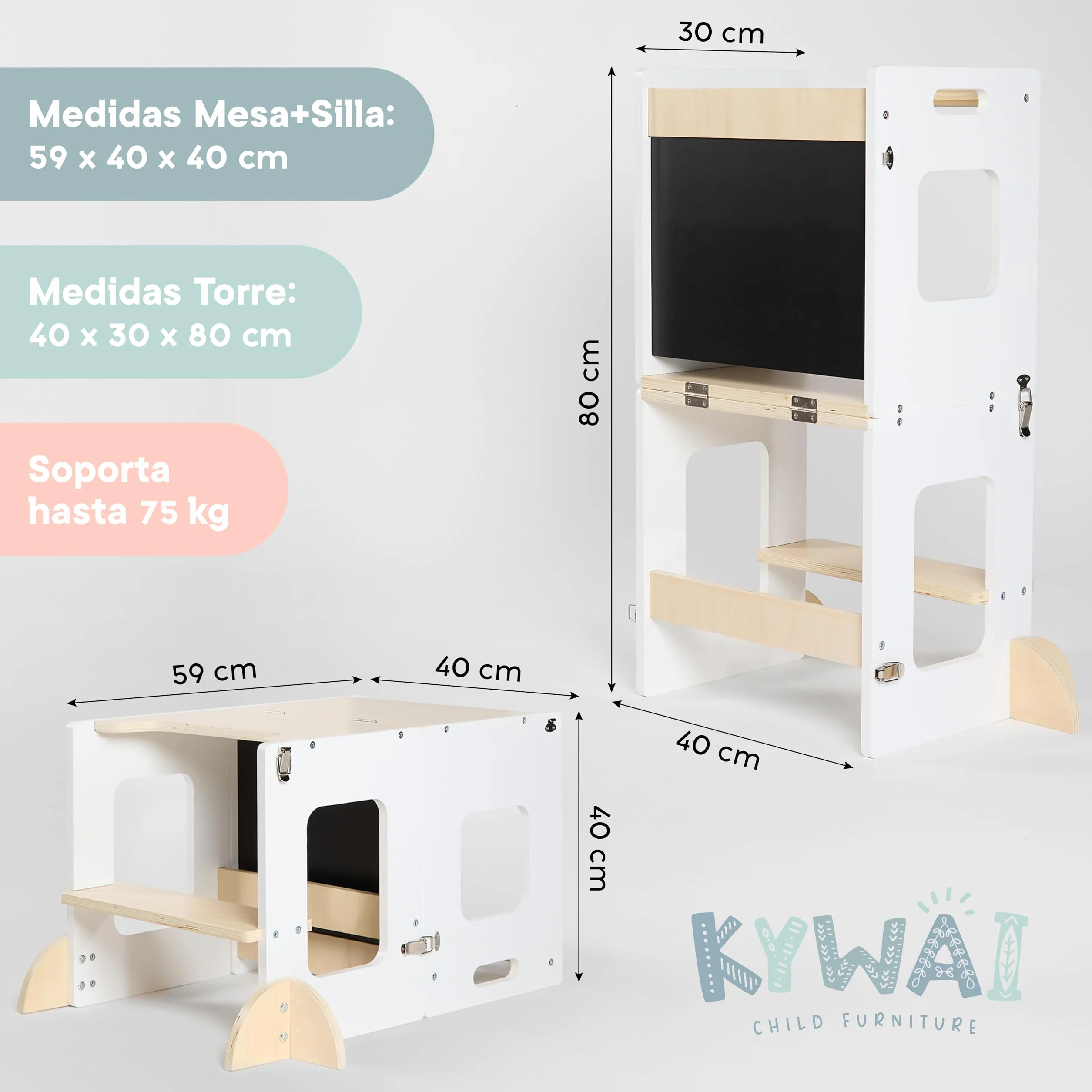 Torre de Aprendizaje Plegable Montessori Premium 3 en 1 Convertible en Escritorio con Pizarra