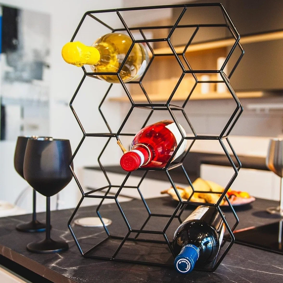 Botellero de vino para 14 botellas metal negro 43x30 cm hexagonal panal