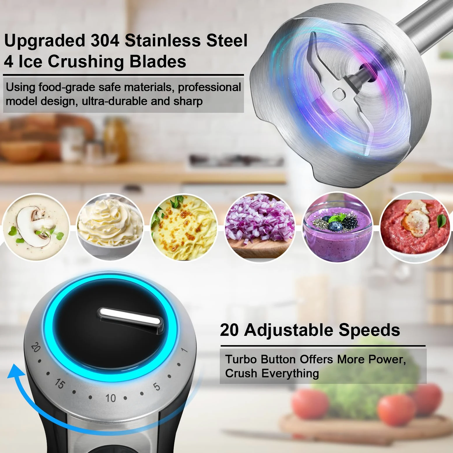 1500W Batidora de Mano 4 en 1 Botón TURBO 20 Velocidades Batidora Picadora | Batidora de Inmersión Multifunción 4 Hojas de Acero Inoxidable, Batidor de Huevos, Vaso Medidor 600ml y Picadora 500ml