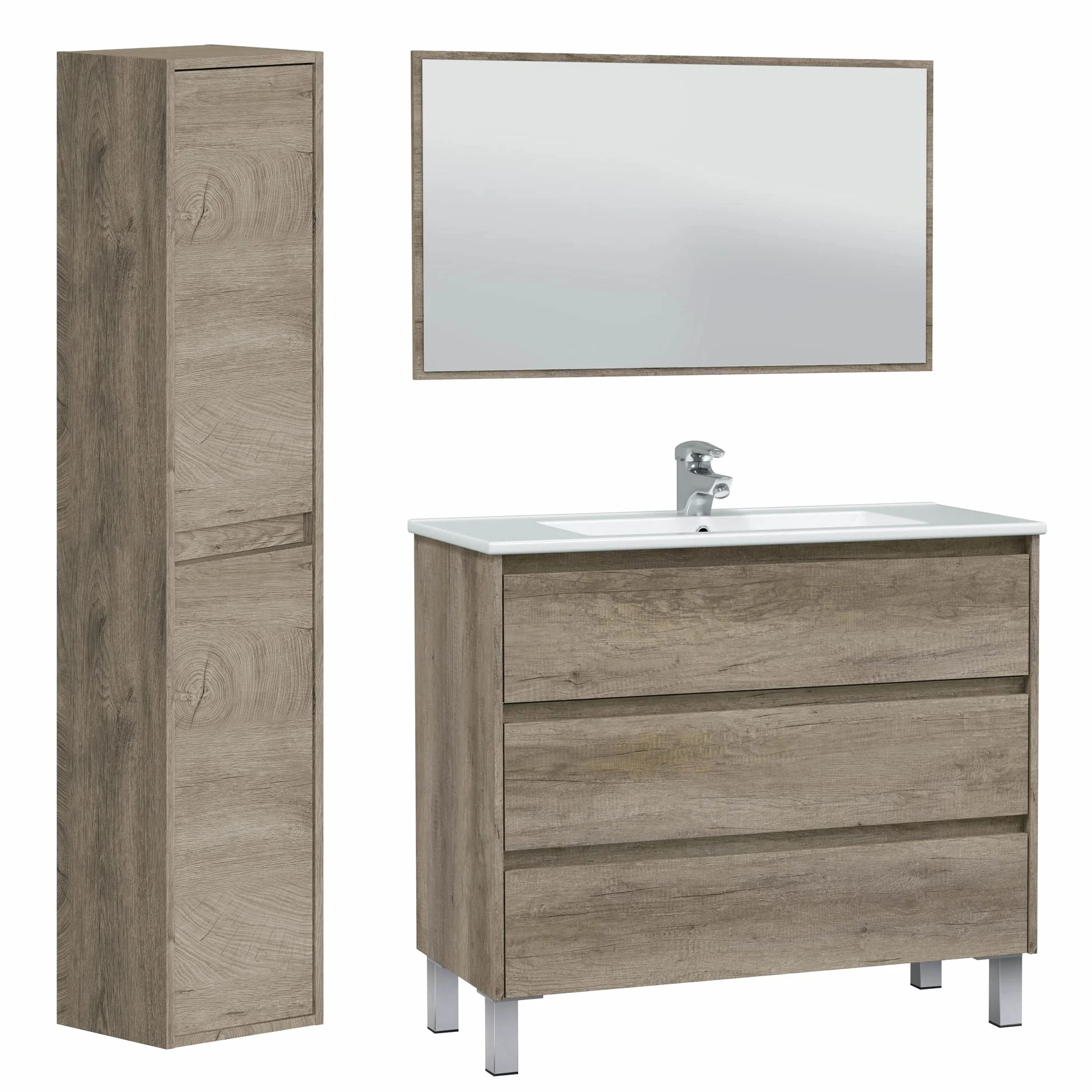 HOMN LIVING Mueble de Baño Devin con 3 Cajones, Espejo y Columna 2 Puertas, Acabado en Nordik, 100 cm (Ancho) x 45 cm (Fondo) x 86 cm (Alto)