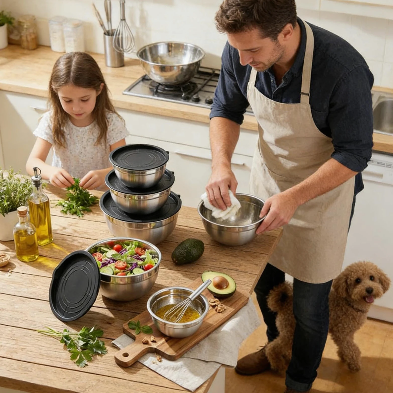 Cuenco Mezclador Con Tapa 7 Piezas De Acero Anidables Redondos | Boles para Preparación de Alimentos de Hogar y Para Salsas Snacks Huevos Condimentos Verduras Frutas