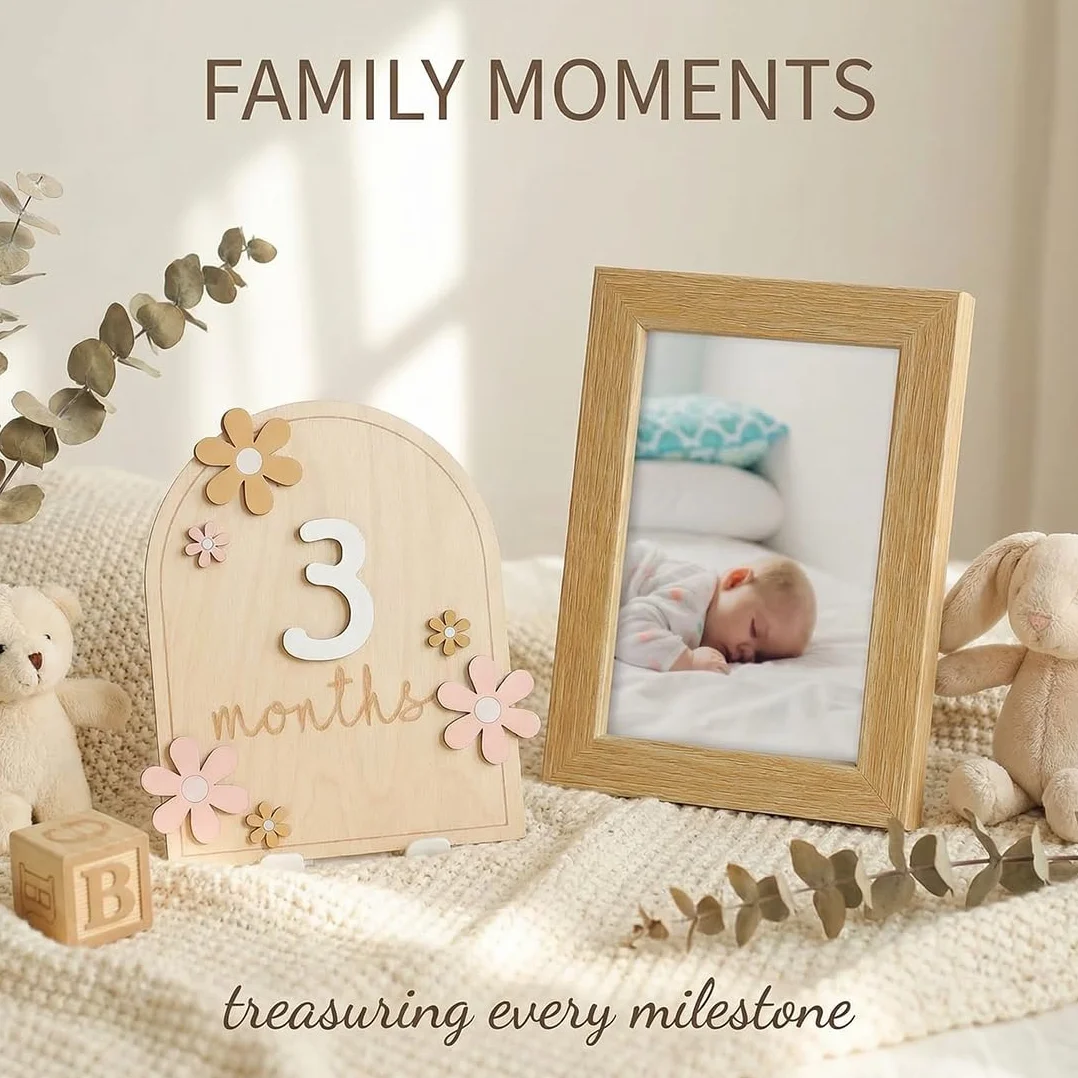 Tarjetas de Hitos Mensuales para Bebé 0-12 Meses, Estilo Floral de Madera, Accesorios para Fotos de Baby Shower