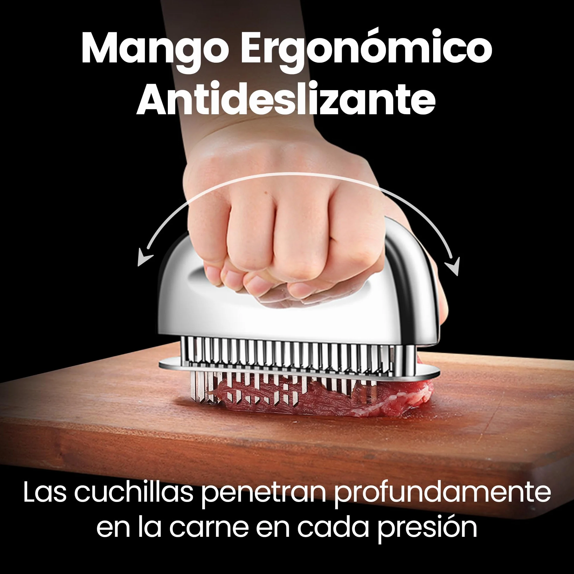 Ablandador de carne de acero inoxidable con agujas ultra afiladas – Herramienta profesional para ablandar carne de res, pollo, cerdo y ternera – Mango ergonómico – Fácil de limpiar