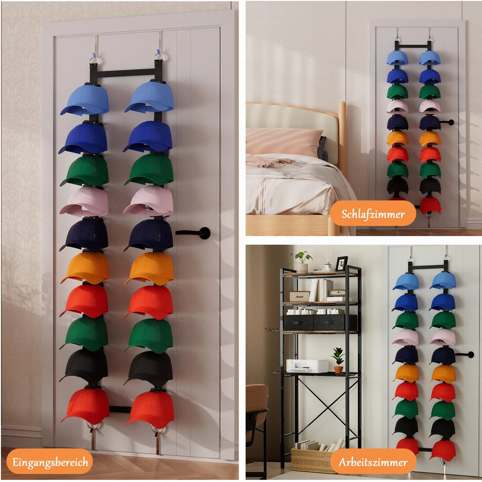 Soporte para gorras de béisbol sobre la puerta, espacio para 20 – 40 gorras, almacenamiento colgante con 2 correas ajustables (negro)