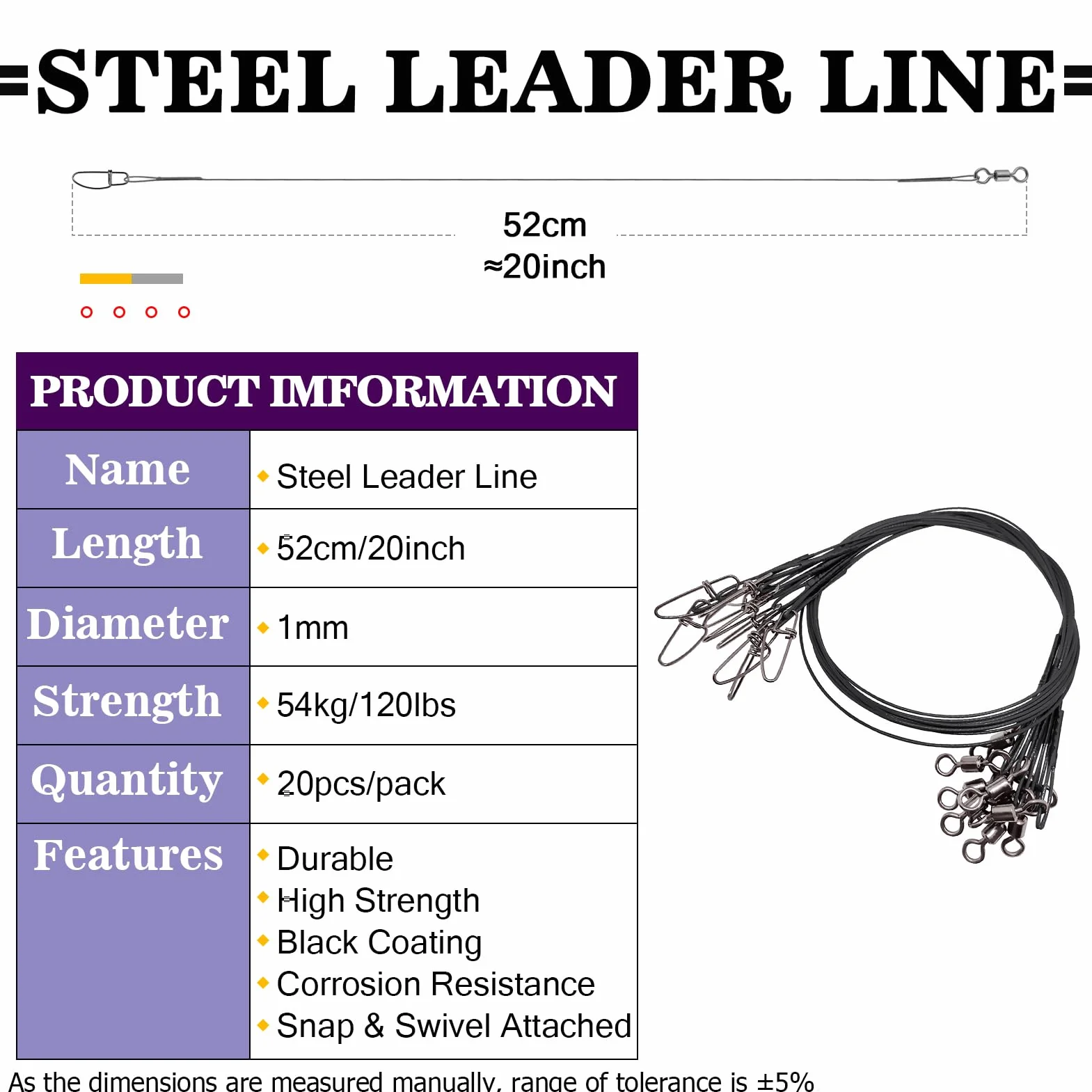 Alta Resistencia Kit de Líder de Pesca 20pcs 20inch 120lbs Aparejo Pesado Giratorio Agua Salada