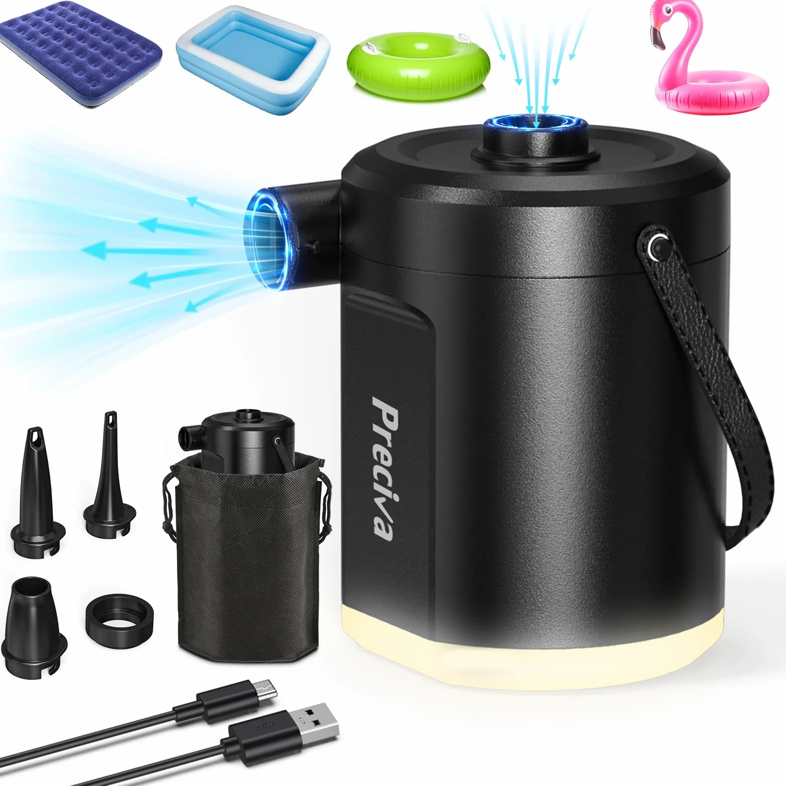 Preciva Bomba de Aire Eléctrica 5000mAh Inflador Colchón Hinchable Inflado/Desinflado Rápido con 3 Boquillas y Luz