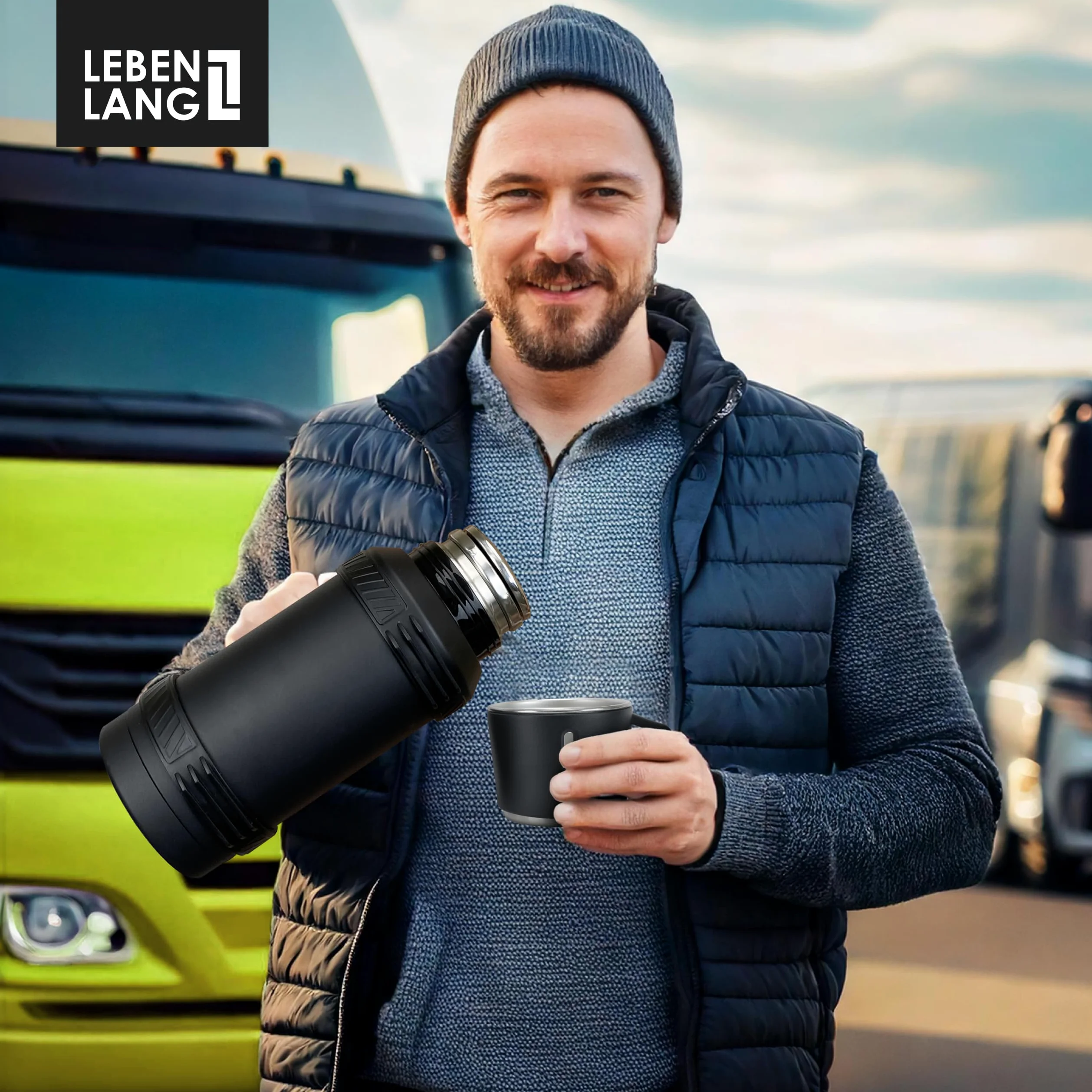 LEBENLANG Termo café de 1,5 litros - 24 horas de calor & Incl. vaso | Termos mate liquidos Botella termica fria 1 5 L montaña para cafe Thermos bottle agua calientes I filtro para té & bandolera