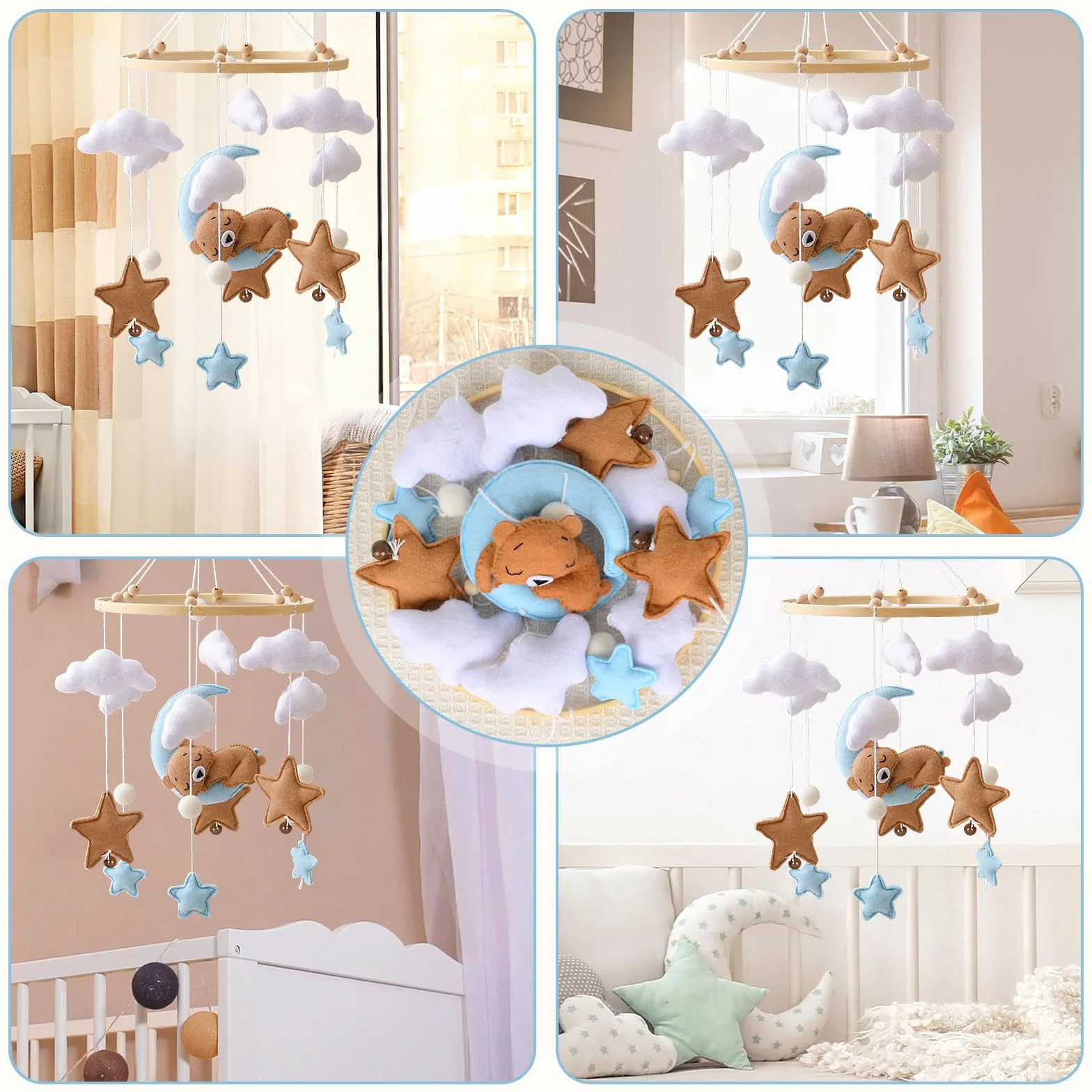 Móvil Decorativo para Cuna de Bebé con Oso Luna Estrellas Nubes