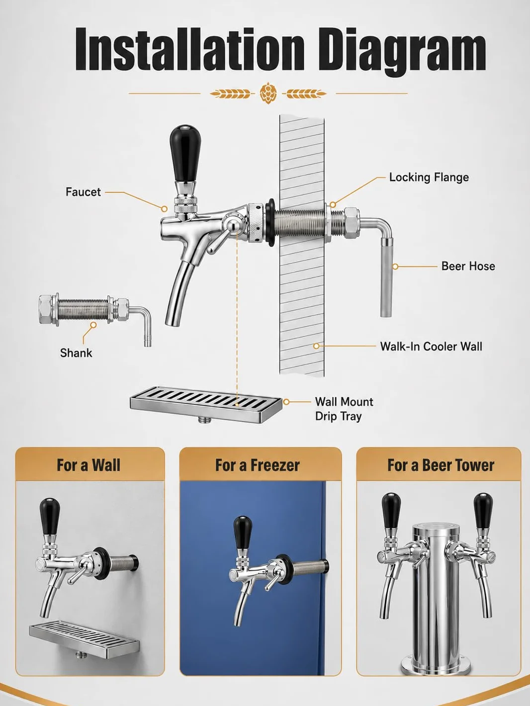 VOBOR Grifo de Barril de Cerveza Ajustable, Rosca G5/8, Válvula de Control de Flujo, Acero Inoxidable Cromado, Mango Negro, para Hogar, Hoteles, Bares y Restaurantes