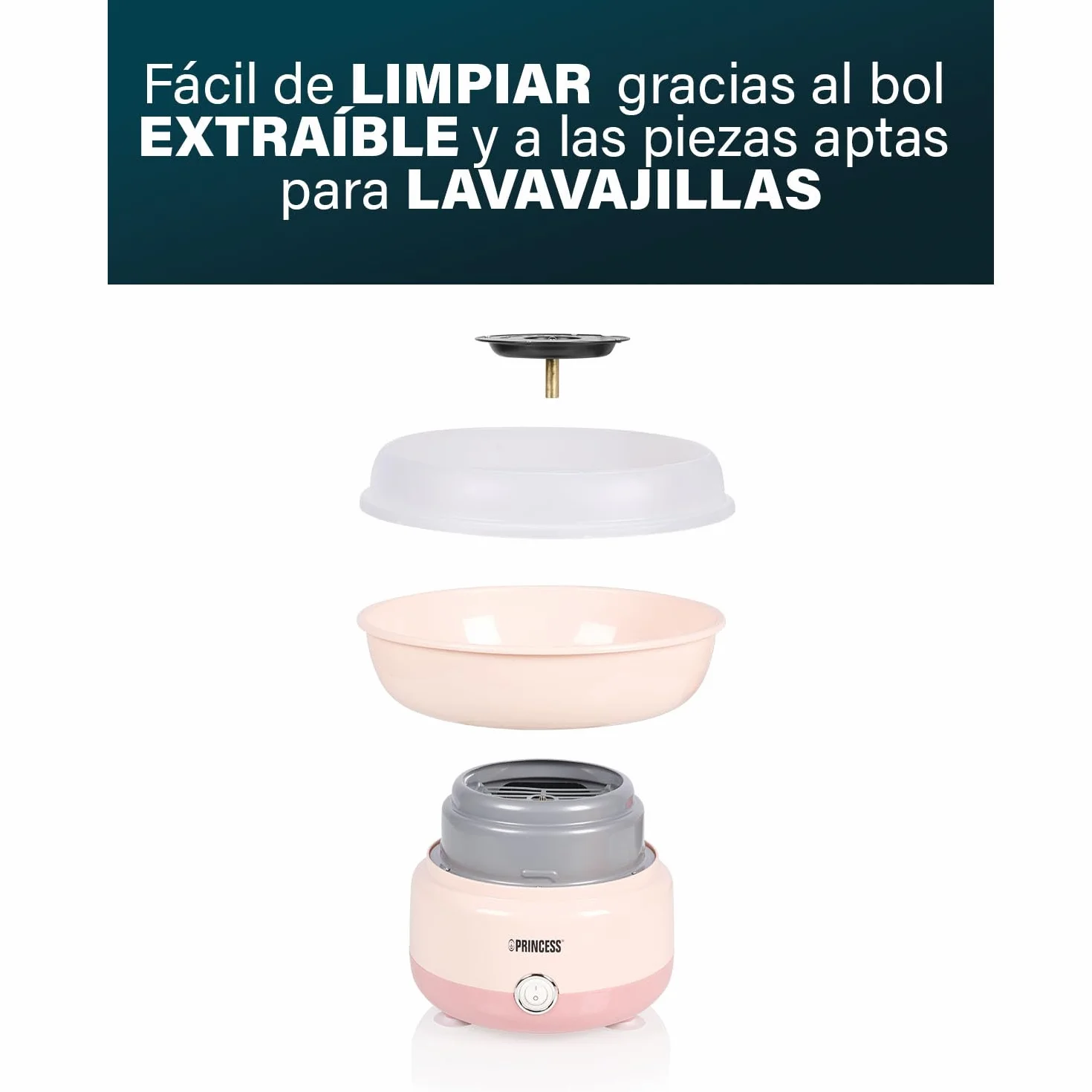 Princess Máquina de Algodón de Azúcar, 500W, Diseño Compacto, Piezas Aptas para Lavavajillas, Incluye Palitos y Cuchara Medidora, BPA-Free, Pies Antideslizantes, Fácil de Usar, 292990