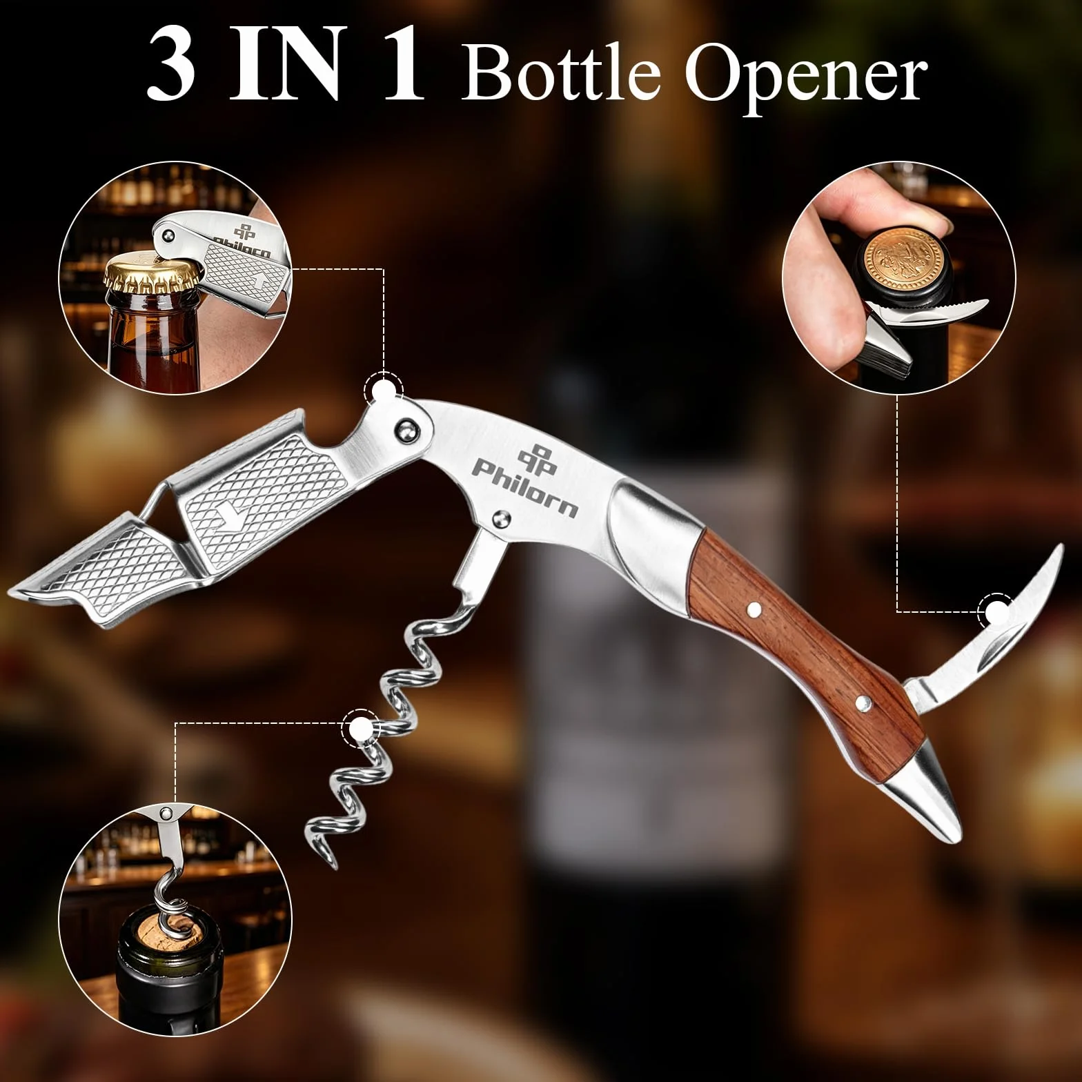 PHILORN Sacacorchos Profesional, Abridor Vino de Palo de Rosa Natural y Acero Inoxidable Premium, Ebook de Vino Gratis, Foil Cortador, Abrebotellas, Todo en 1, Mejor Elección de Camarero, Sommelier