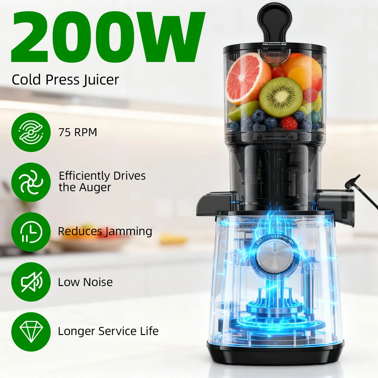 Exprimidor de prensa en frío con canal de alimentación grande de 110 mm, máquinas exprimidoras masticables para frutas y verduras enteras, exprimidor lento de alimentación automática con bajo ruido