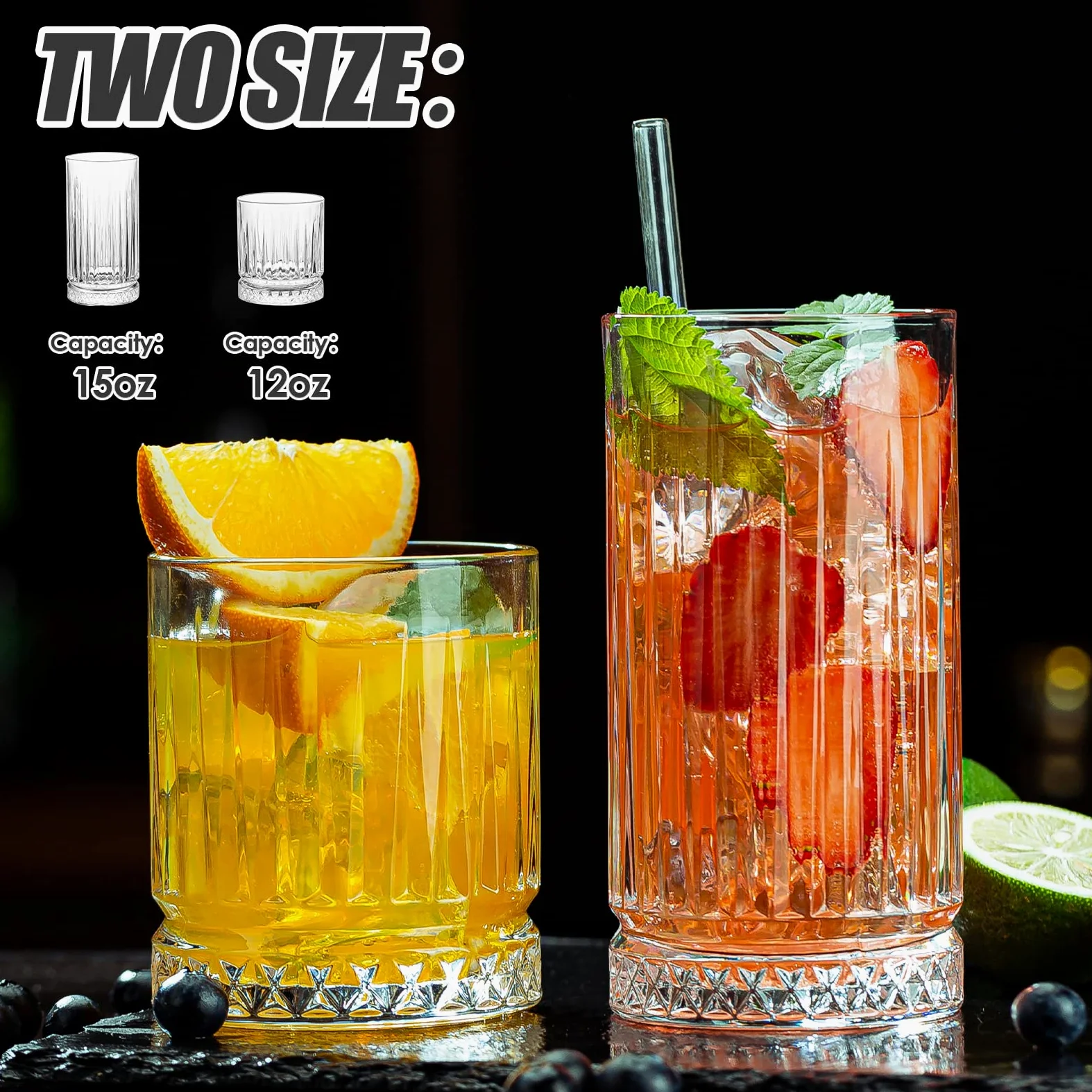 Vasos de cristal, juego de 8 vasos de vidrio duraderos, 4 vasos altos de 15 onzas y 4 vasos de roca de 12 onzas, vasos de mojito, vasos de cóctel, juego de cristalería de bar para cóctel,