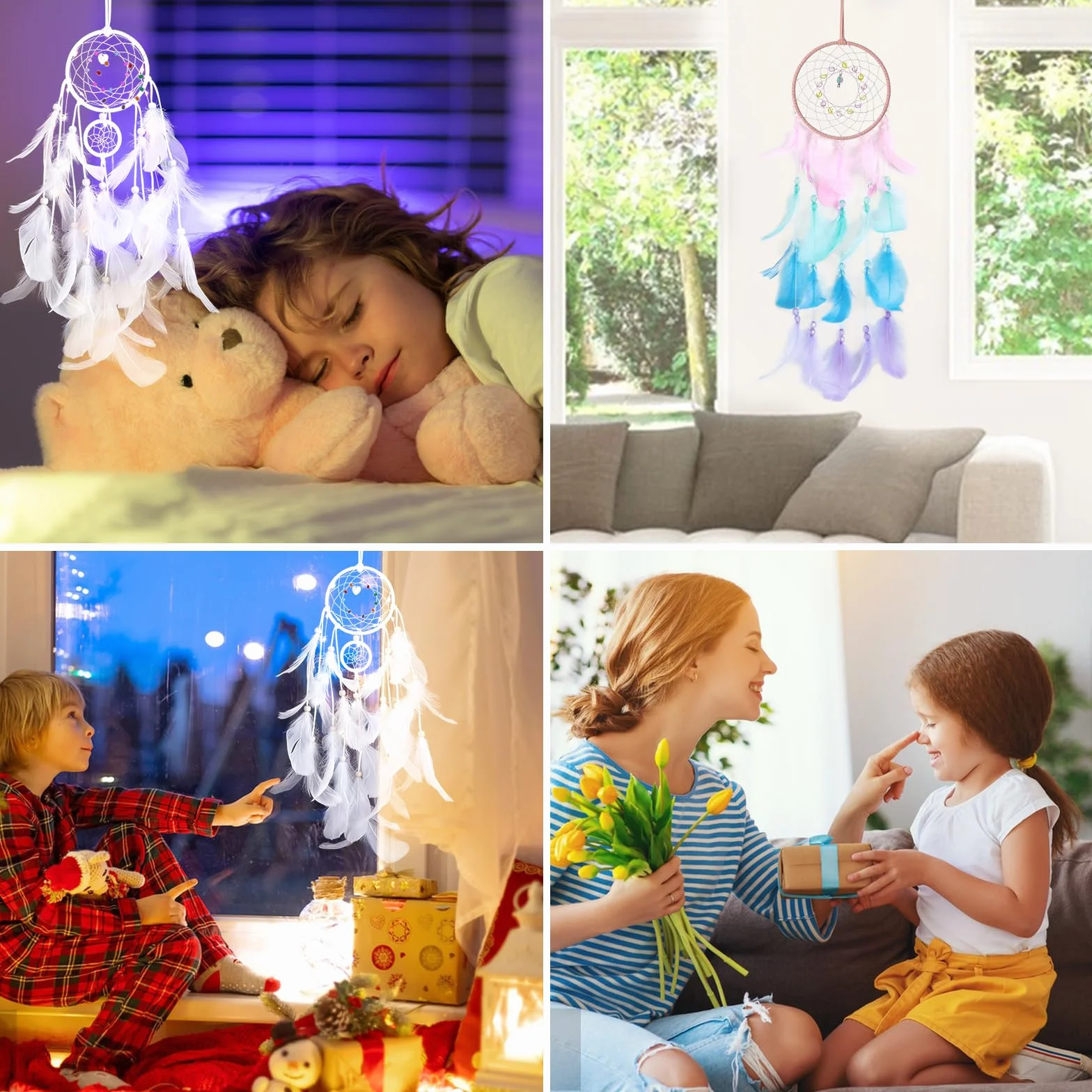 2 Piezas Atrapasueños para Niños, Dreamcatcher con Plumas Blanco y Rosa, Atrapasueños Bohemio Hecho a Mano, Atrapasueños para Colgar en la Pared, Decoración del Hogar