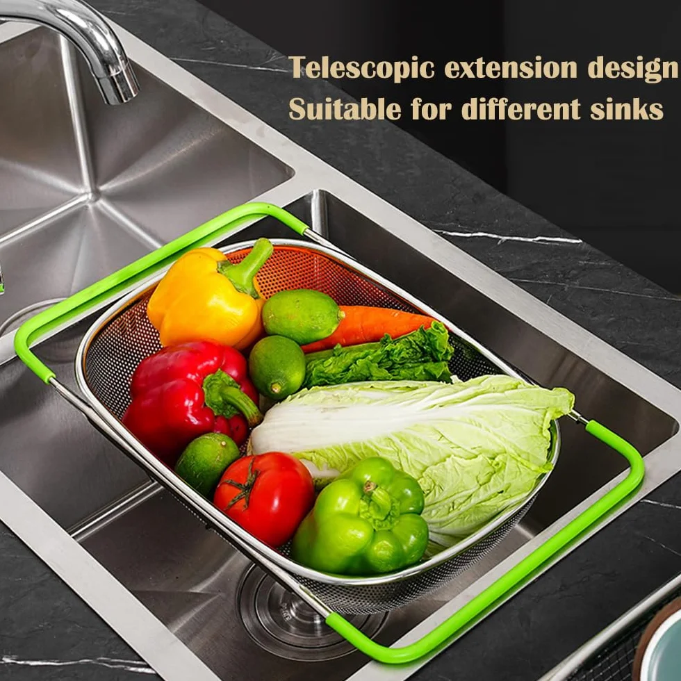 Colador Extensible Sobre el Fregadero(38-54cm), Cesta de Drenaje de Malla Fina de Acero Inoxidable para Cocina, Drenaje de Pasta, Lavado de Verduras, Arroz, Frutas y Almacenamiento de Platos-Verde
