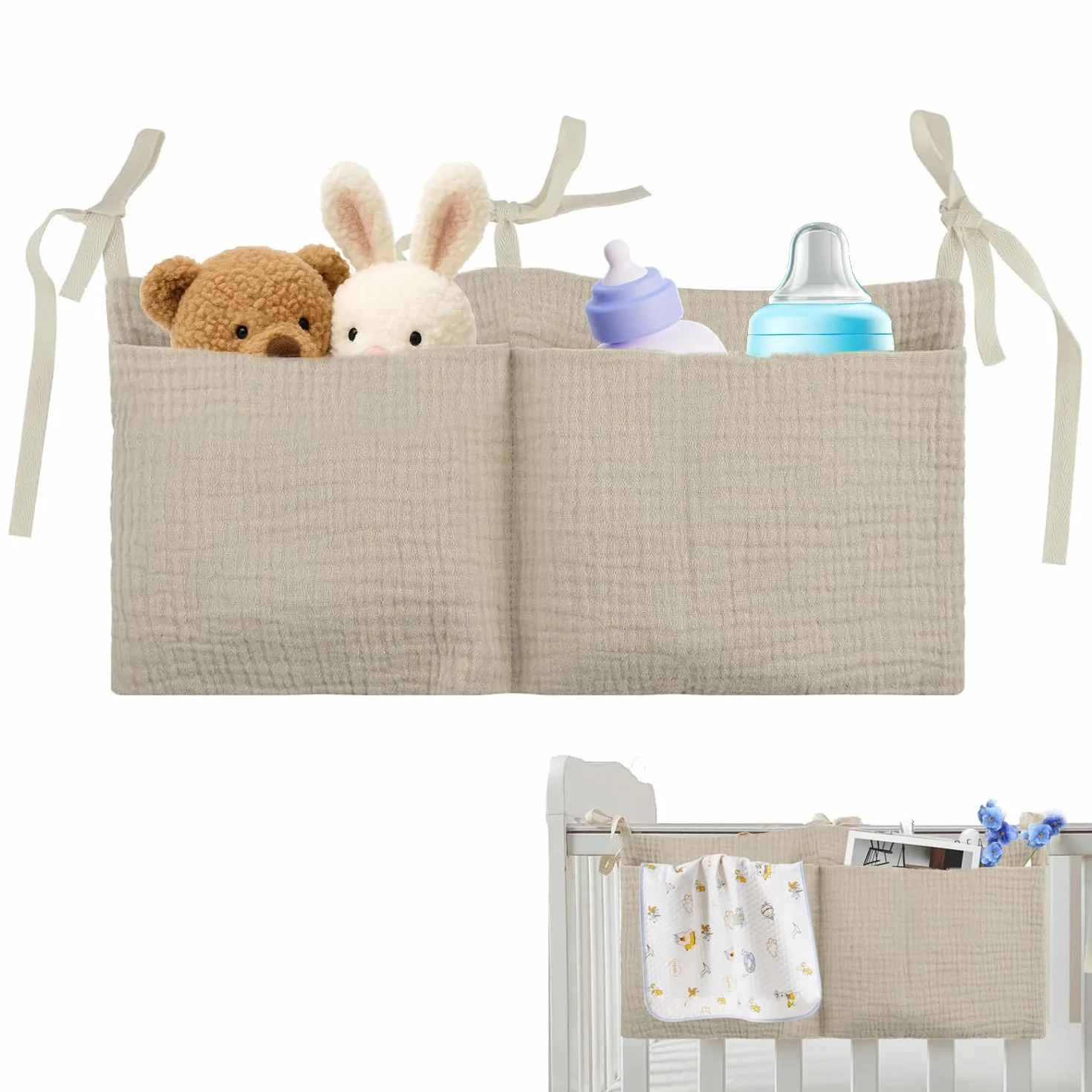 Organizador Colgante para Cama de Bebé, Bolso con Dos Bolsillos Grandes para Pañales y Juguetes, Caqui