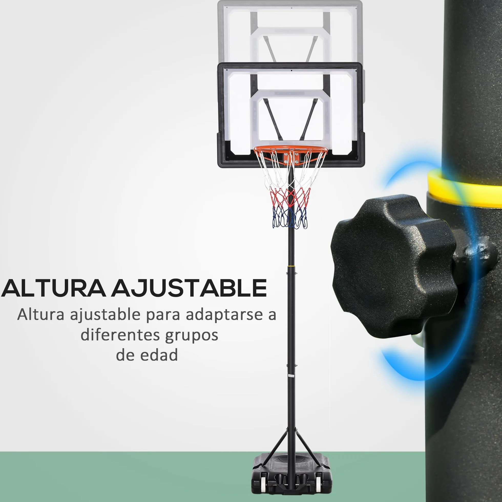 HOMCOM Canasta de Baloncesto Exterior Altura Ajustable 206-260 cm Aro con Ruedas Base Rellenable Negro