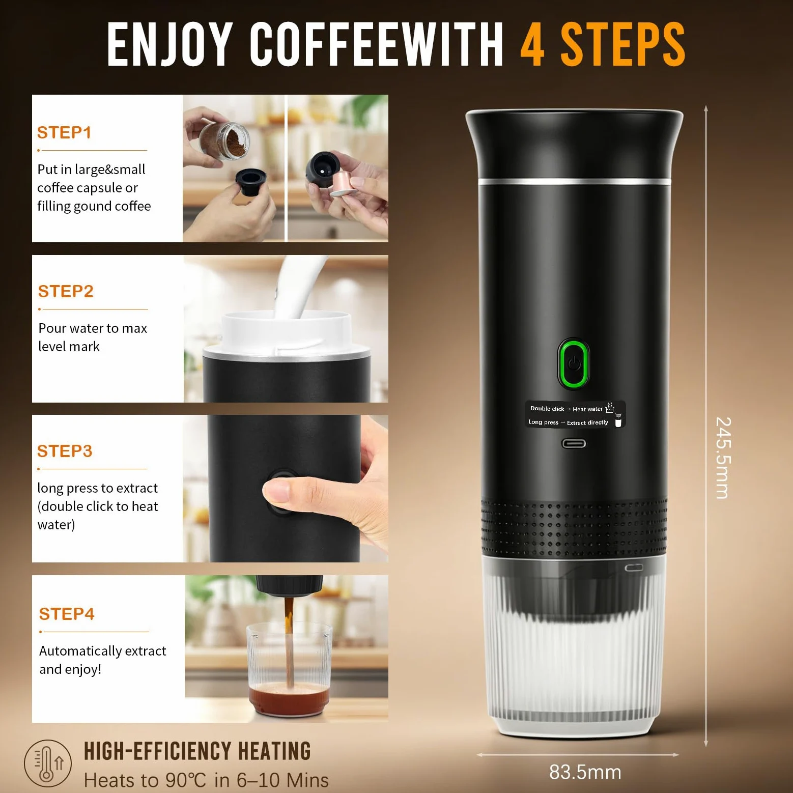 Cafetera Portátil 3 en 1 Eléctrica, Máquina de Café de Viaje 20 Bar con Autocalentamiento, Compatible con Cápsulas y Café Molido, Batería 7500mAh para Camping y Coche