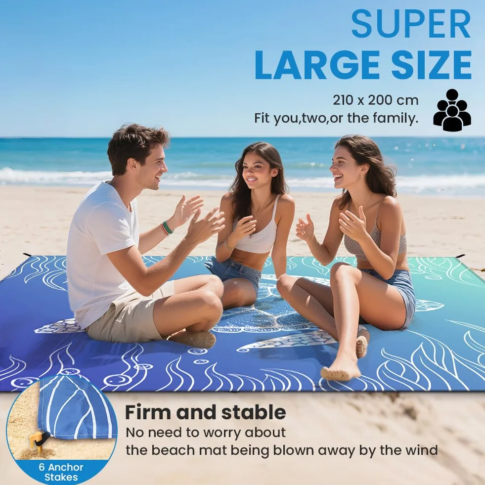 Ainiv Manta Picnic Impermeable 210x200cm Esterilla Playa Plegable Resistente Arena Agua Alfombra Exterior 6 Clavos Camping